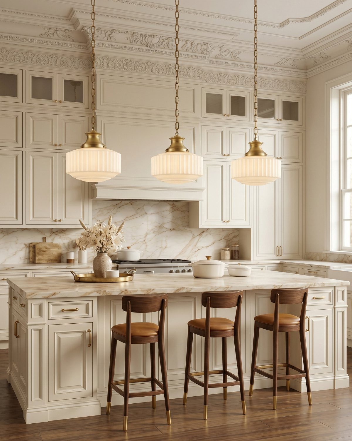 Three gold and frosted glass pendant lights hanging over a marble kitchen island.