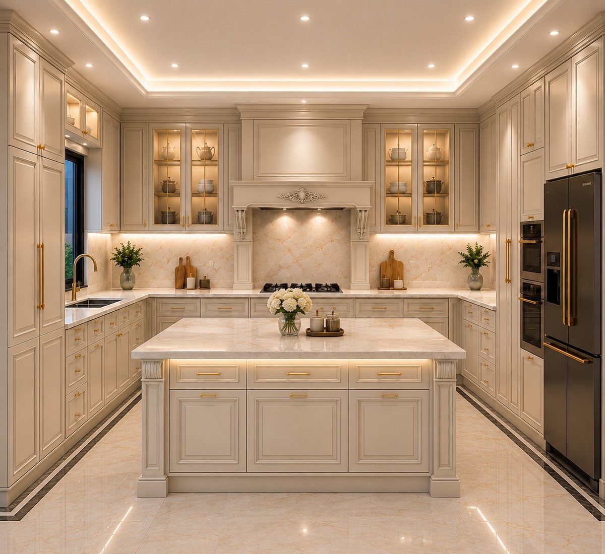 Cream kitchen island with white marble countertop in a traditional luxury kitchen setting.