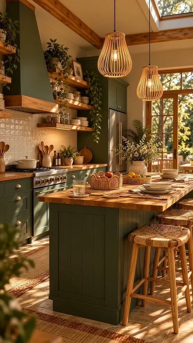 Sage green traditional kitchen featuring a wooden island and modern stainless steel appliances.