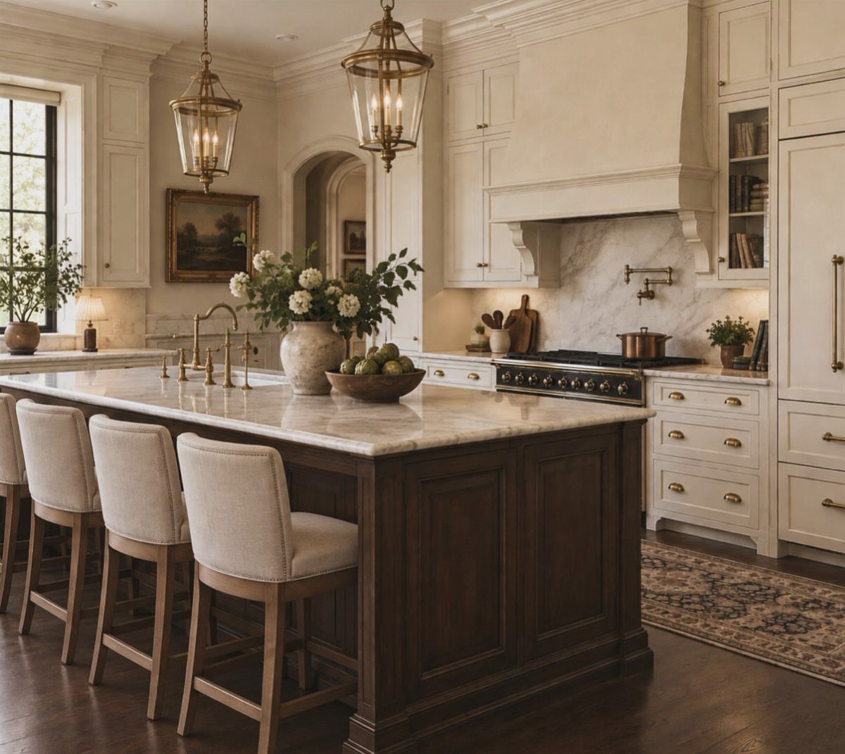 Dark wood kitchen island with white marble countertop and cream cabinetry in traditional style.