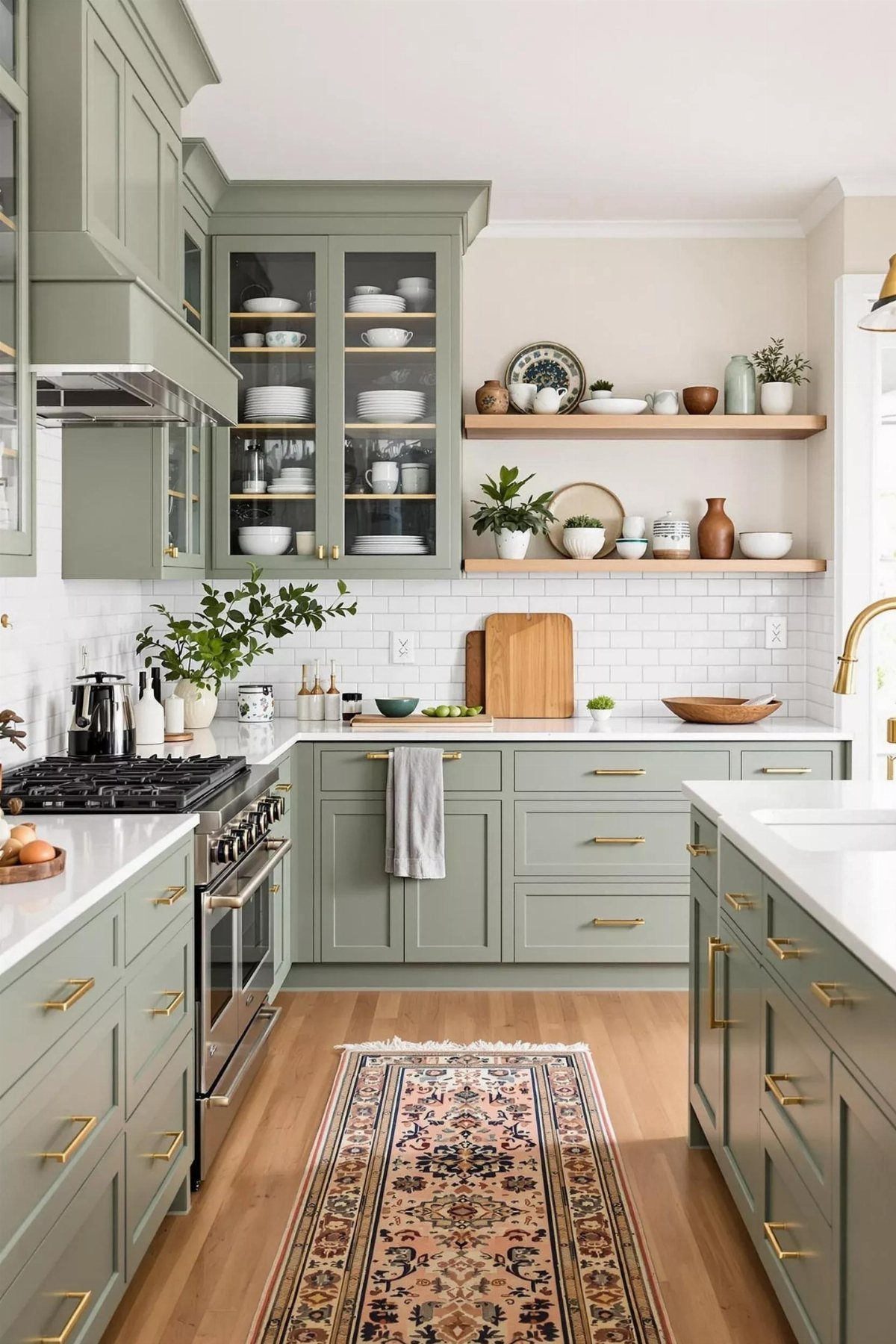 Sage green kitchen with white subway tiles and light wood open shelving.