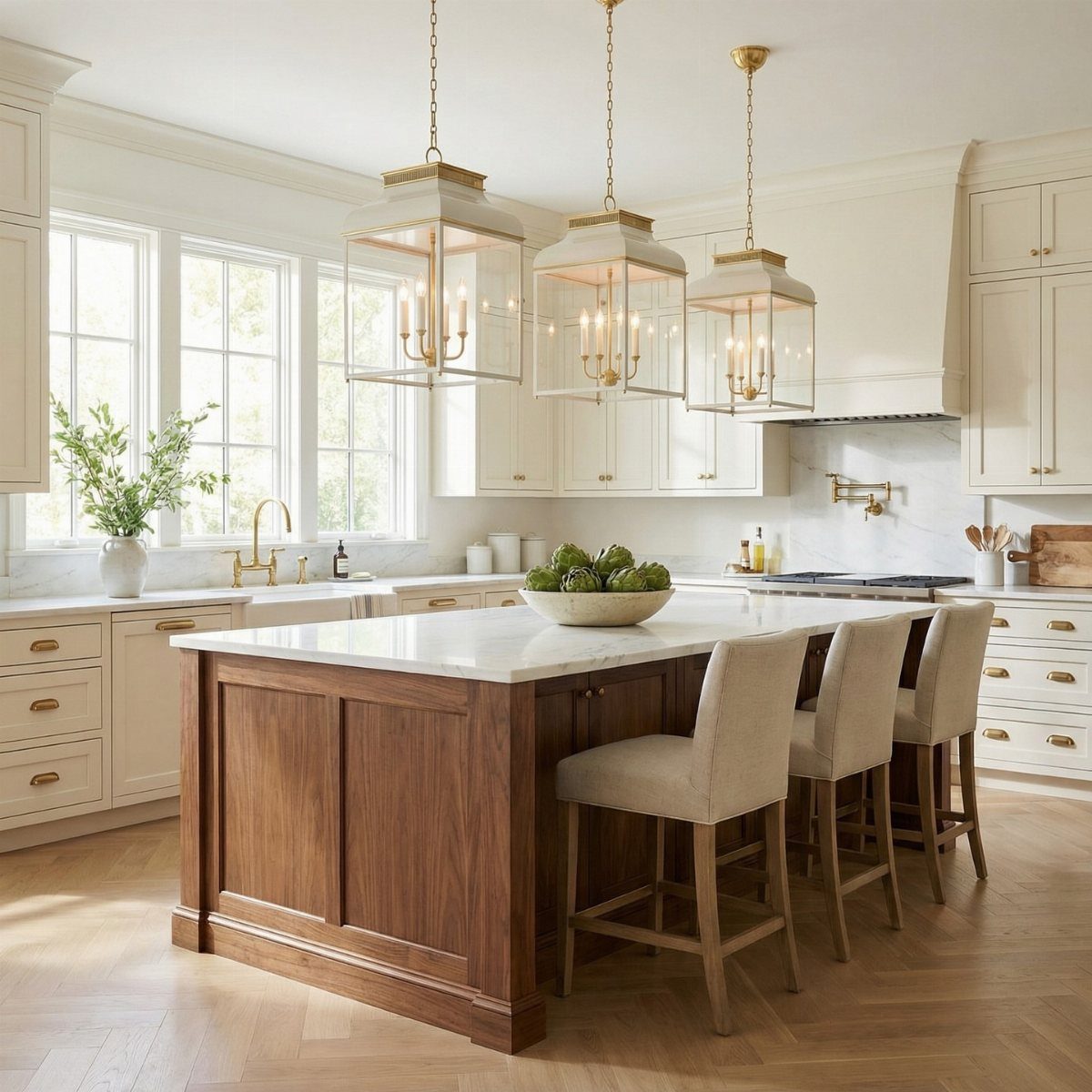 Three gold lantern pendant lights hanging above a wood kitchen island with marble top.
