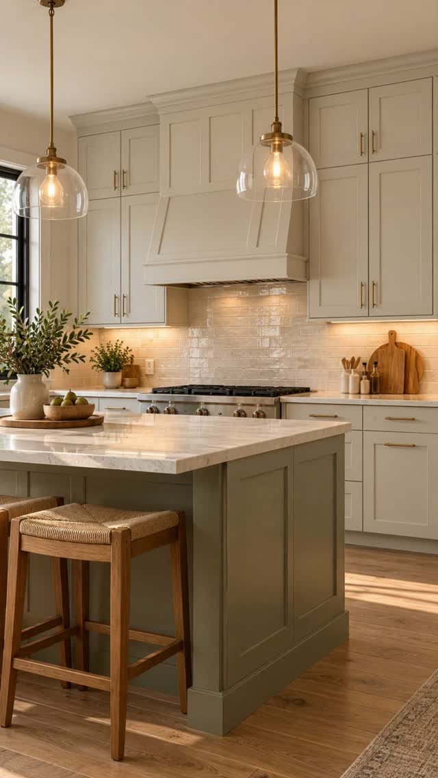 Sage green kitchen island with paneled doors and white marble countertops in traditional kitchen.
