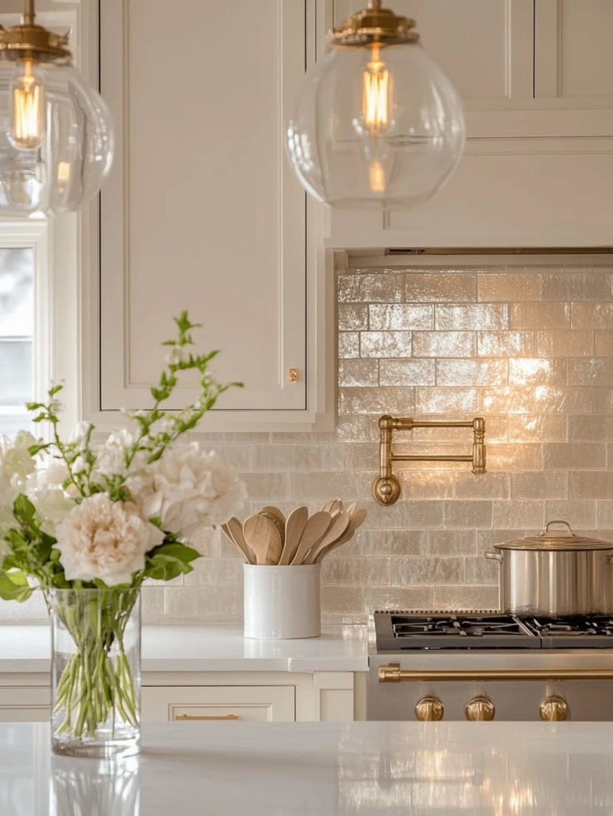 White subway tile backsplash in a traditional kitchen with gold hardware and pendant lights