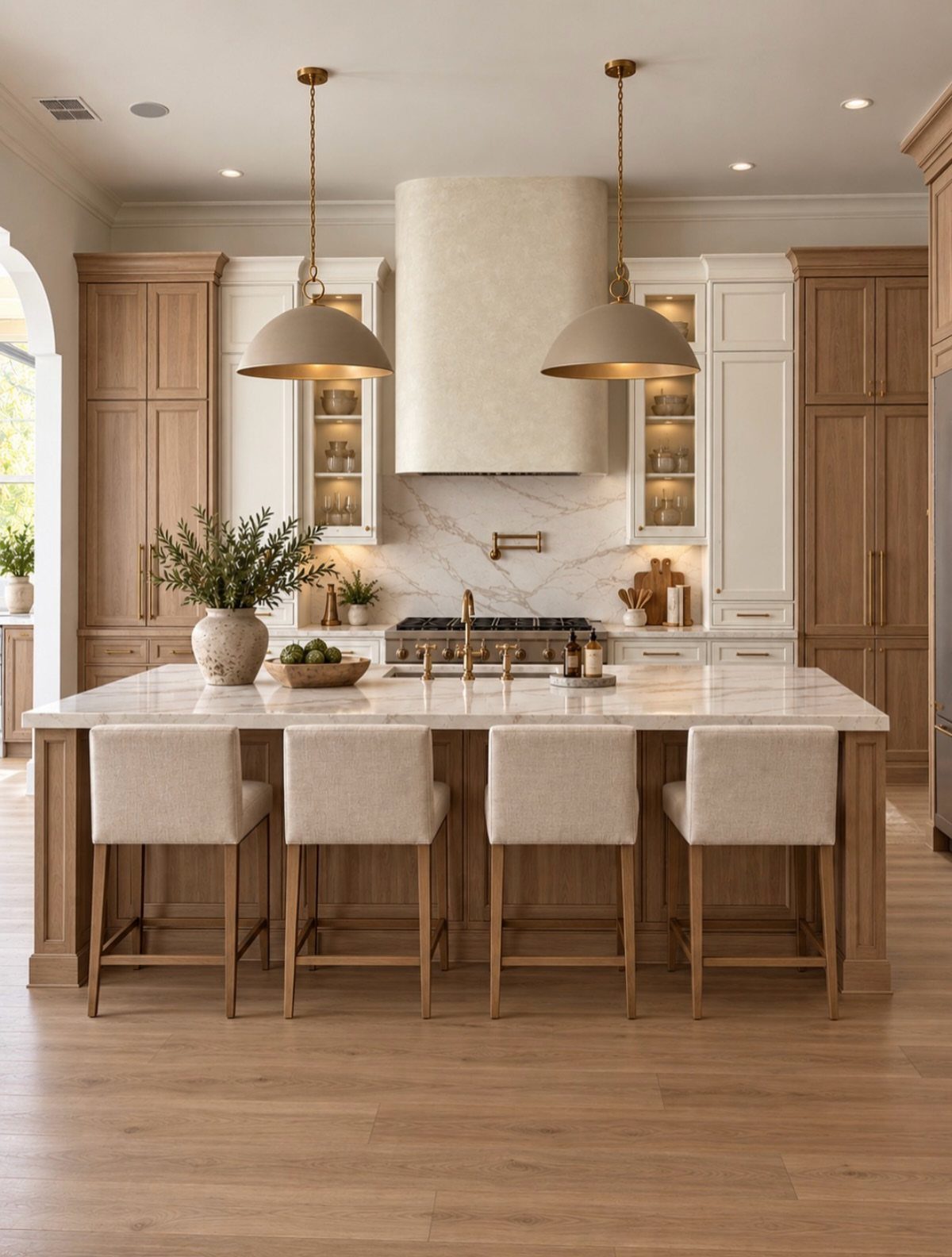 Light wood cabinetry and marble island in a bright traditional kitchen setting.