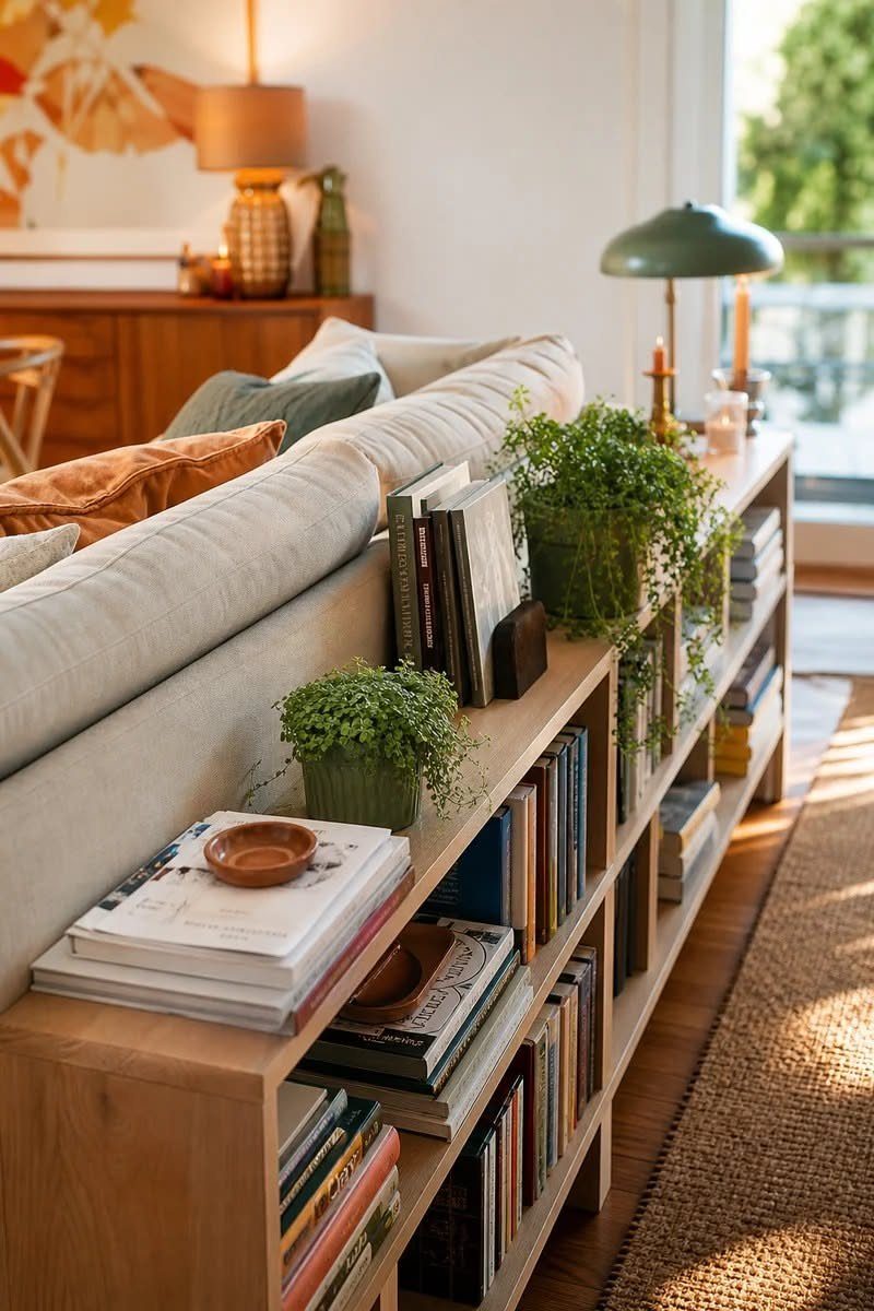 Light wood console table with cube shelving behind a beige sofa with books and plants.