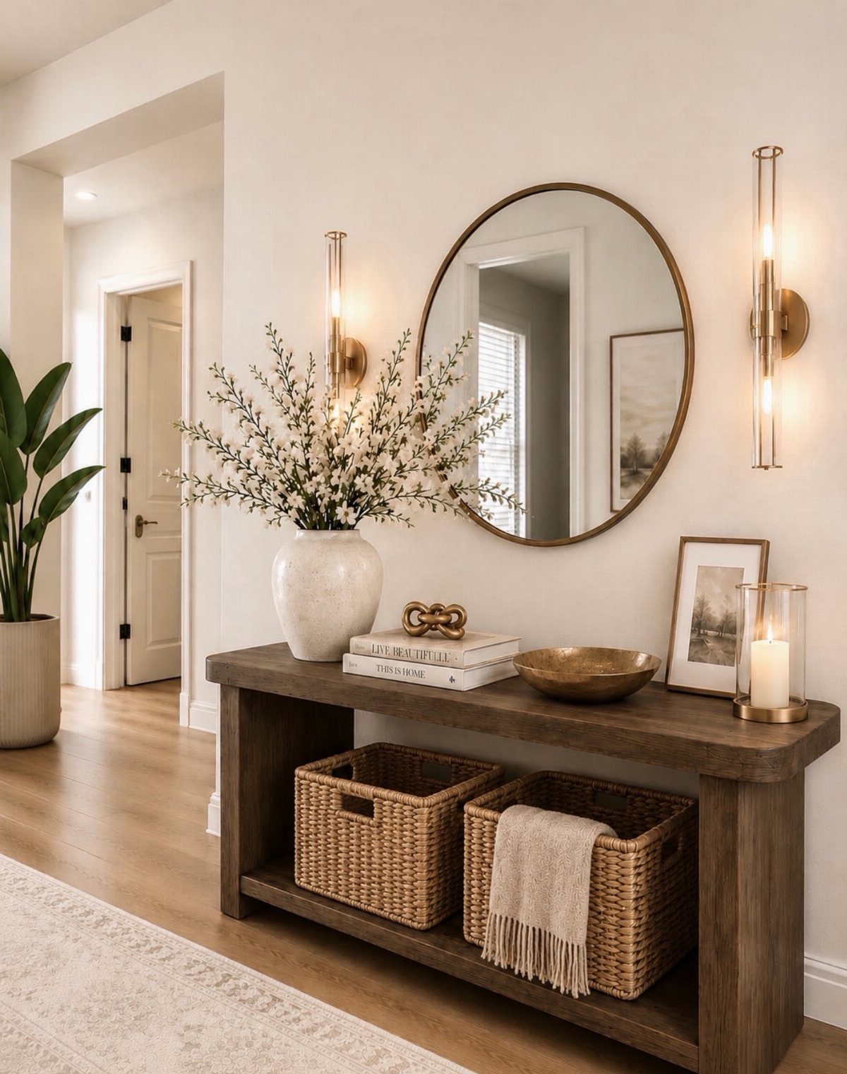 Rustic wood console table styled with a round mirror, flowers, and decorative objects.
