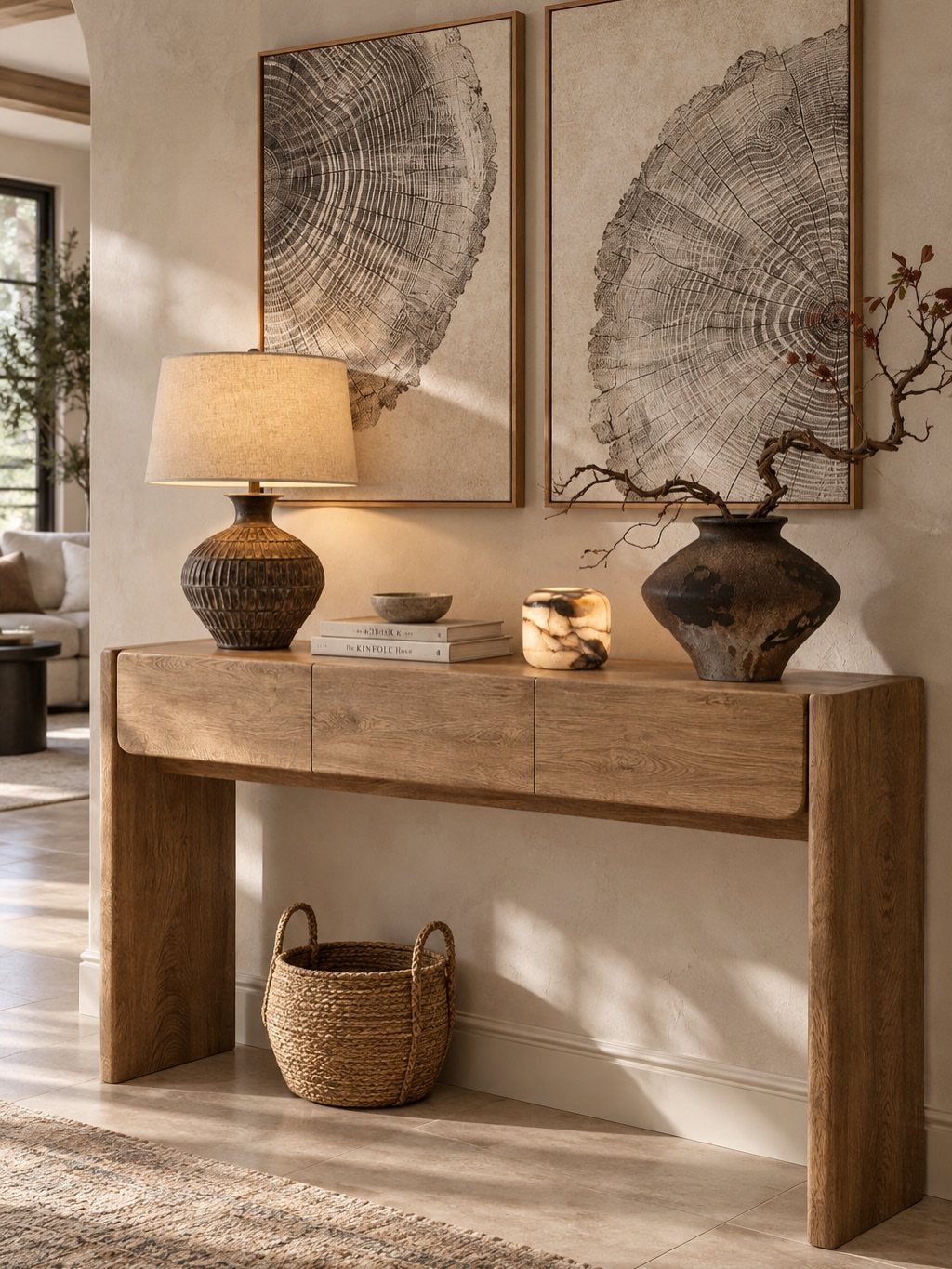Wooden console table with drawers and two large framed abstract art pieces above it.