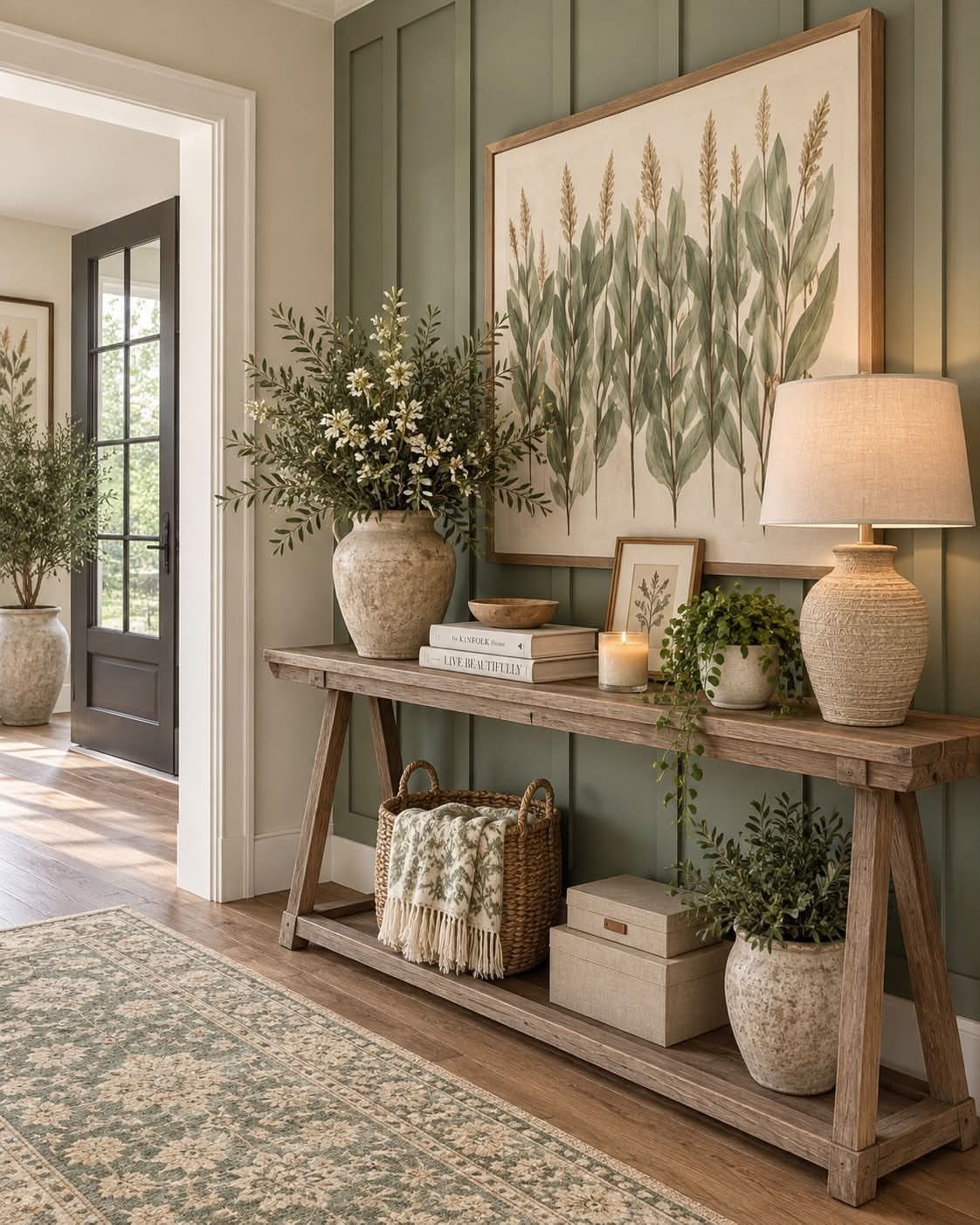 Rustic wood console table styled with potted greenery, a lamp, and a basket.