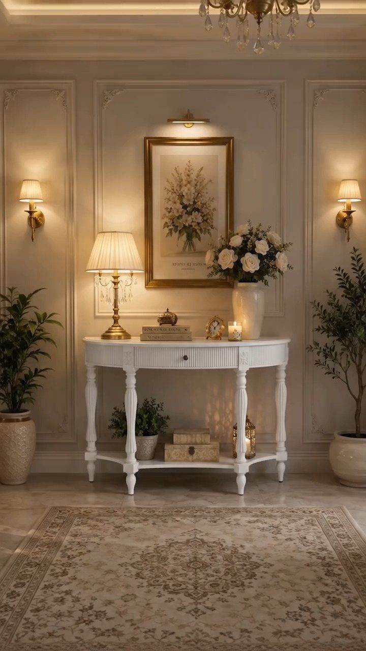 White ornate console table with a lower shelf styled in a classic living room.