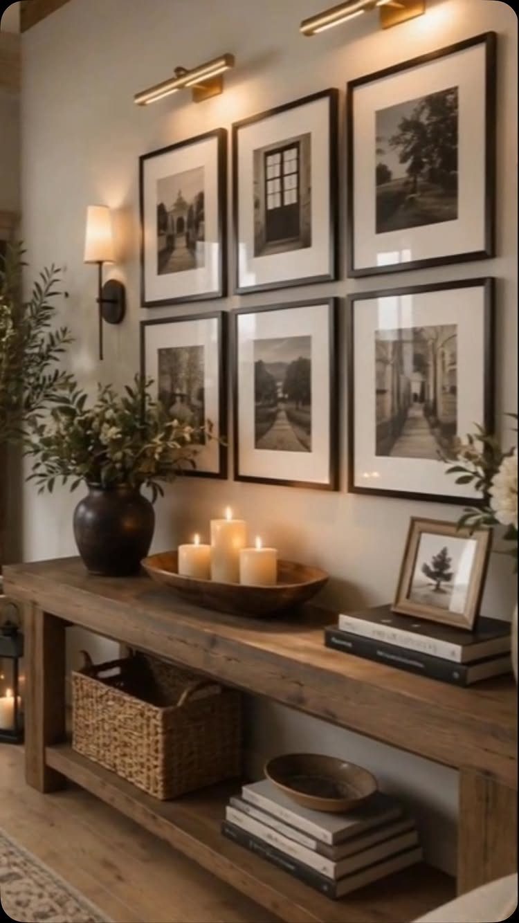 Rustic wood console table styled with candles, greenery, and books under framed wall art.