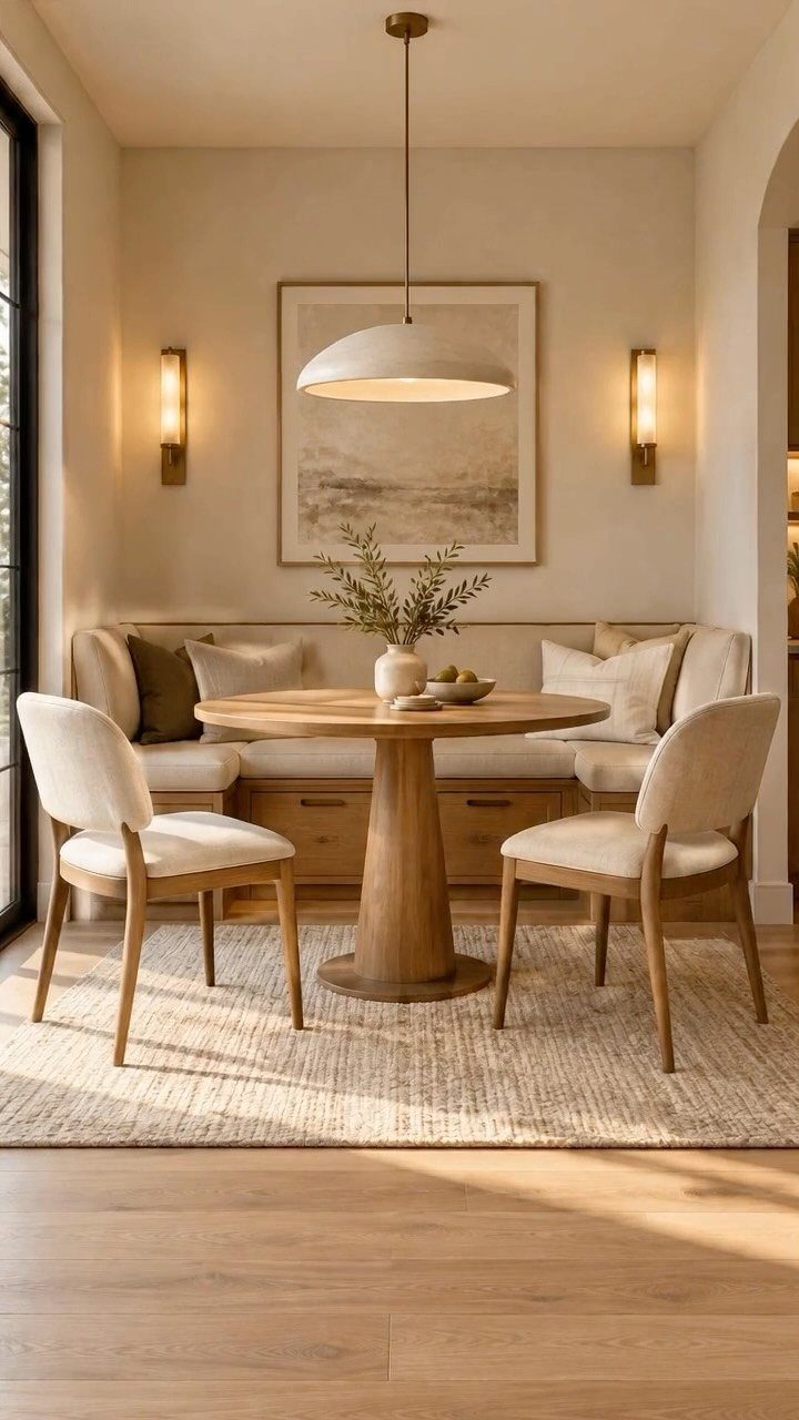 Round wooden dining table with cream chairs and a built-in storage banquette seating.