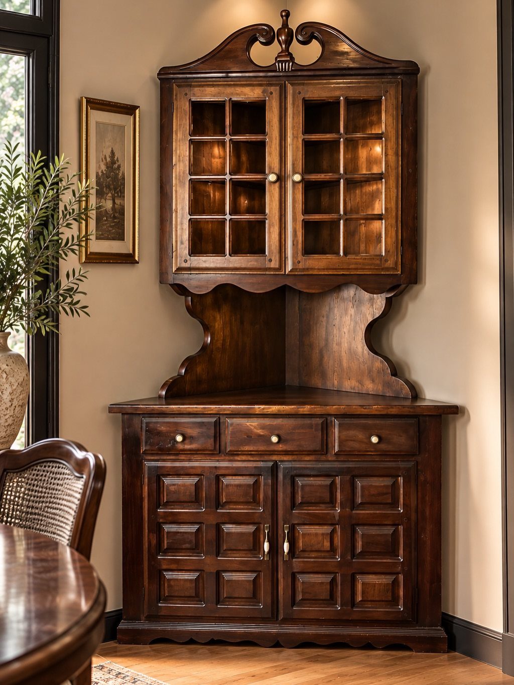 Dark brown wooden corner hutch with glass doors and paneled lower cabinets.