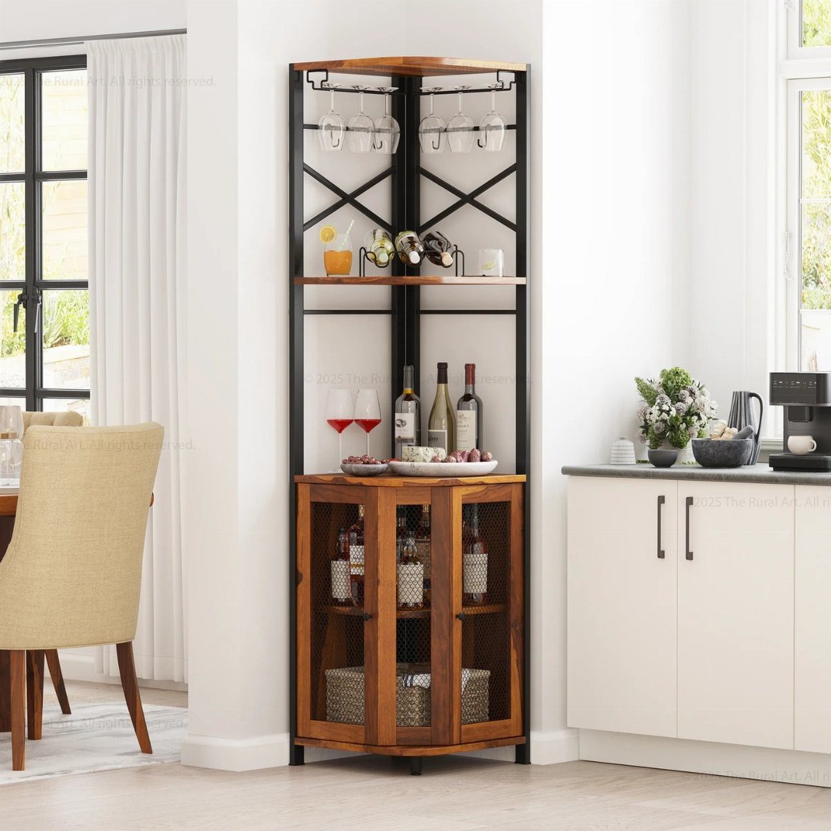 Corner bar cabinet with black metal frame, wooden shelves, and wine bottles.