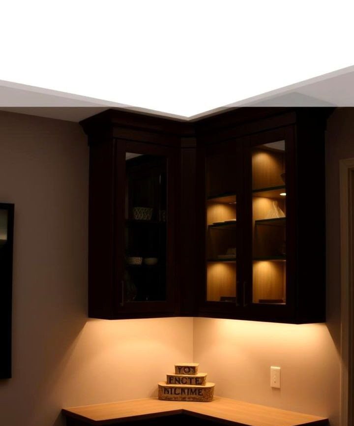 Dark wood corner cabinet with glass doors and warm interior shelf lighting.