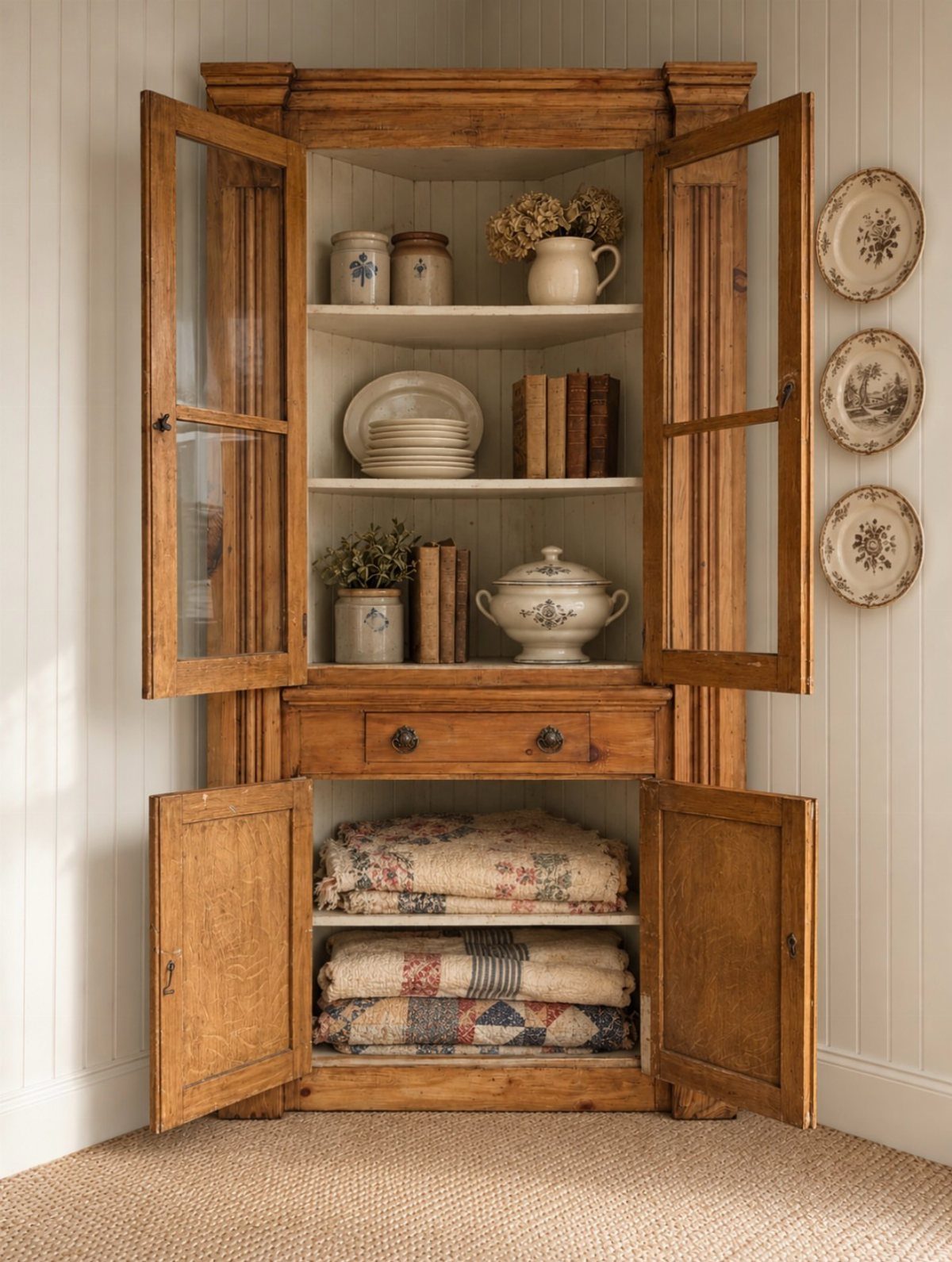 Wooden corner hutch with glass upper doors and lower cupboards storing linens and ceramics.
