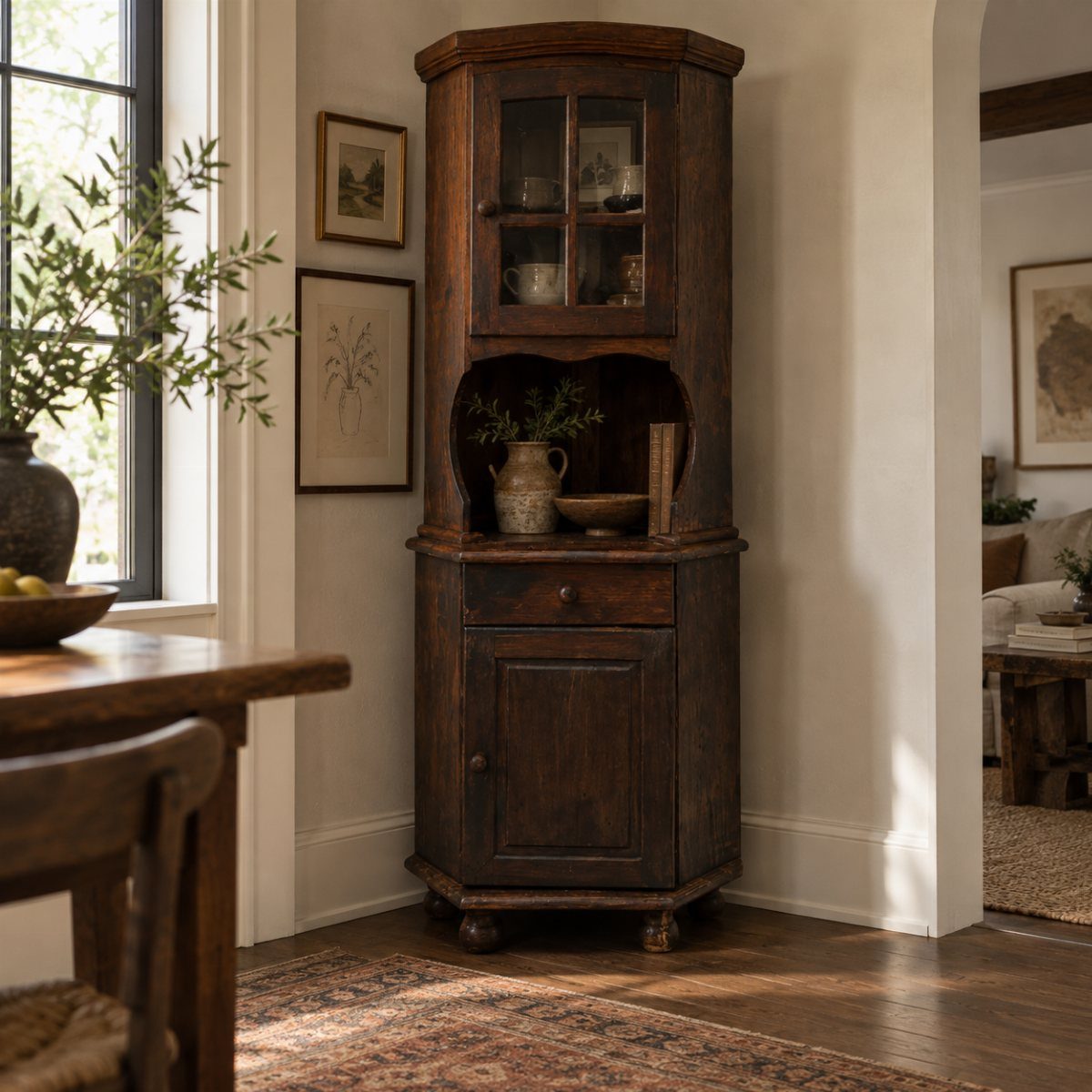 Dark wood corner cabinet with glass doors and a lower cupboard in a dining room.