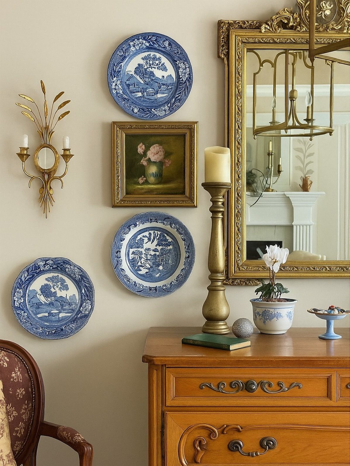 Dining room corner decorated with blue ceramic plates, gold mirror, and wooden sideboard.
