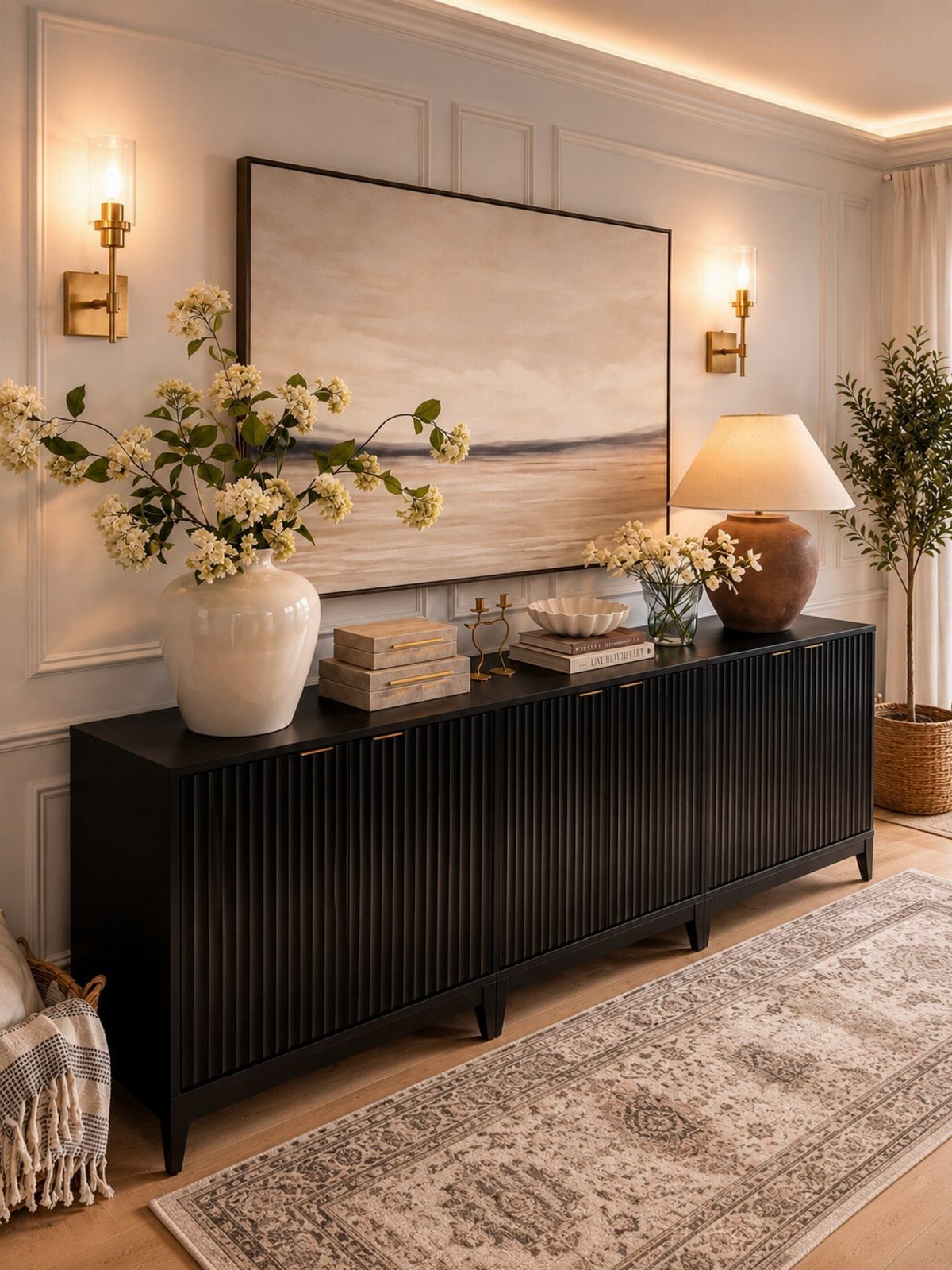 Black fluted sideboard with a white vase and a potted tree in the corner.