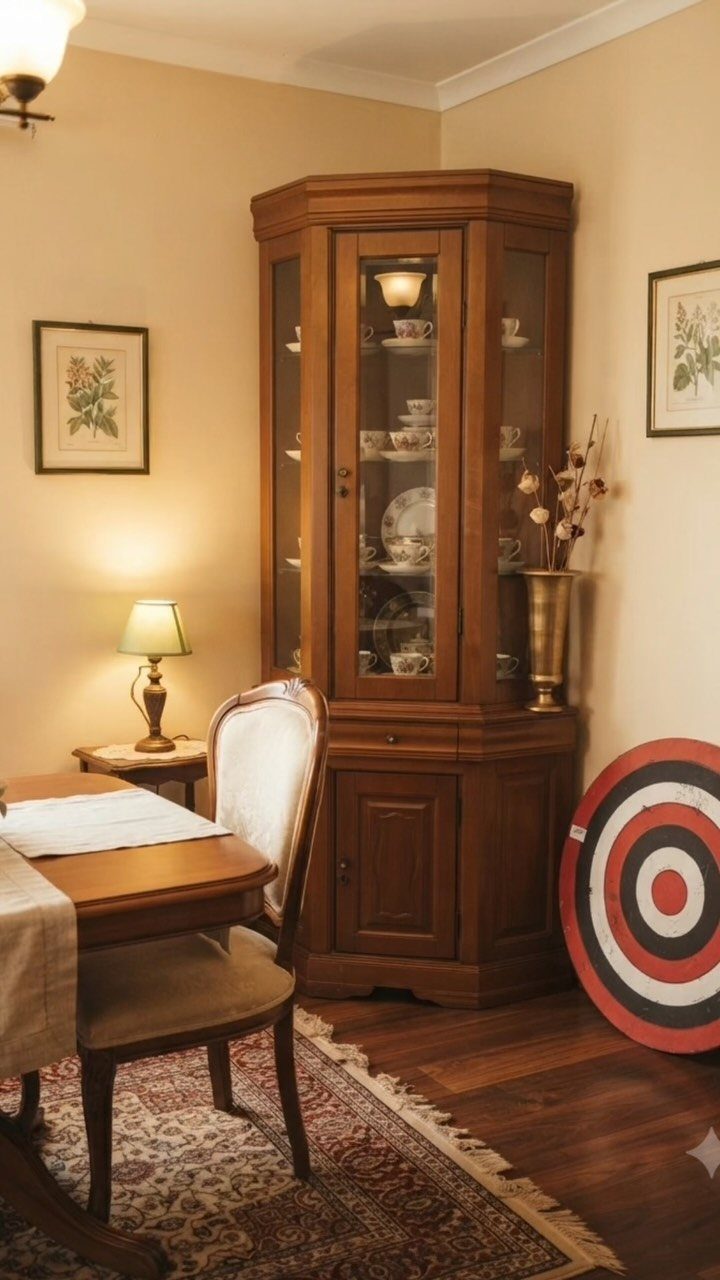Wooden corner cabinet with glass doors displaying white ceramics in a dining room.
