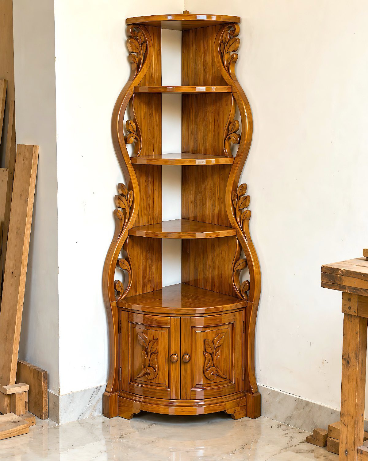 Ornate wooden corner cabinet with open upper shelves and a closed bottom cupboard.