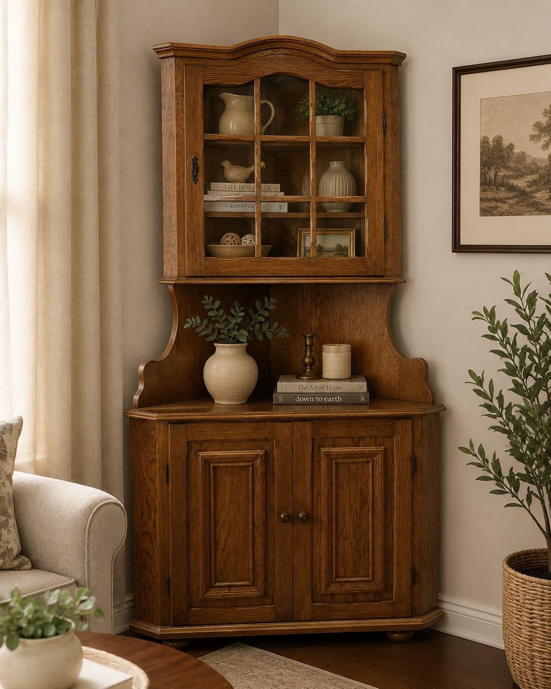 Oak corner cabinet with glass hutch and lower storage in a neutral room.