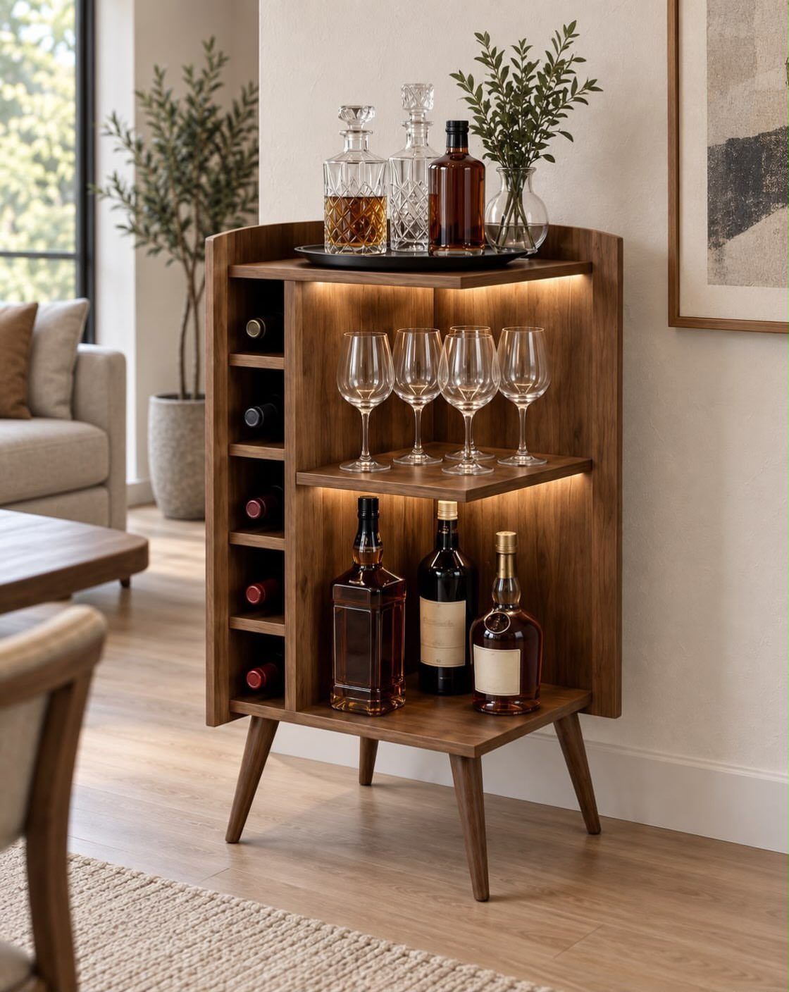 Wooden corner wine cabinet with integrated lighting, wine glasses, and liquor bottles.