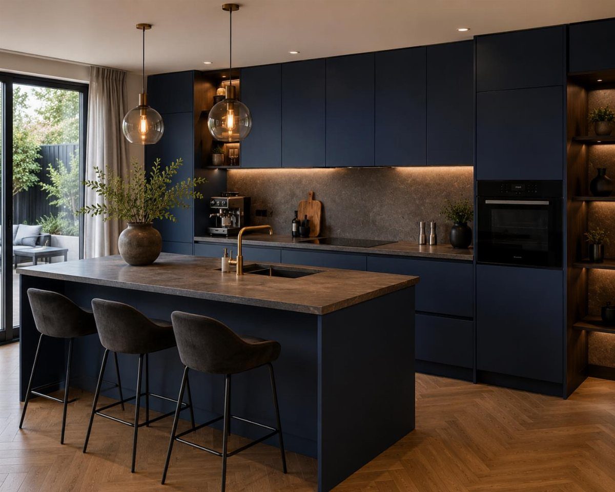 Dark blue kitchen cabinets with a grey stone island and herringbone wood floors.