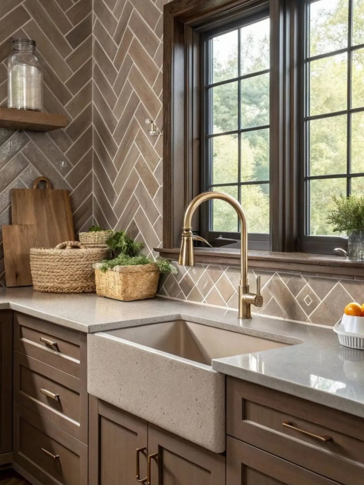 Dark brown kitchen cabinets and herringbone tile backsplash with a gold faucet.