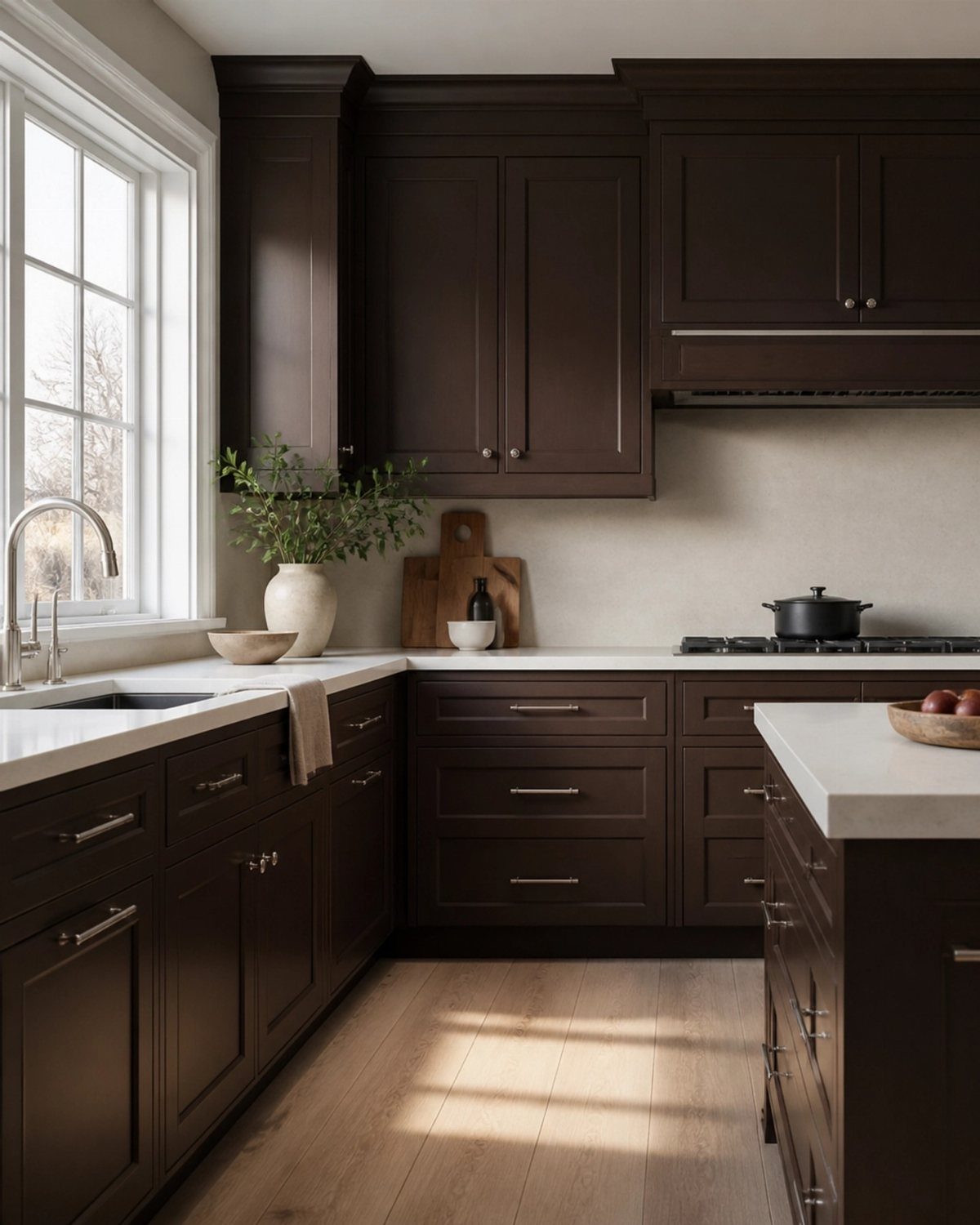 Dark brown kitchen cabinets with white countertops and light wood floors.