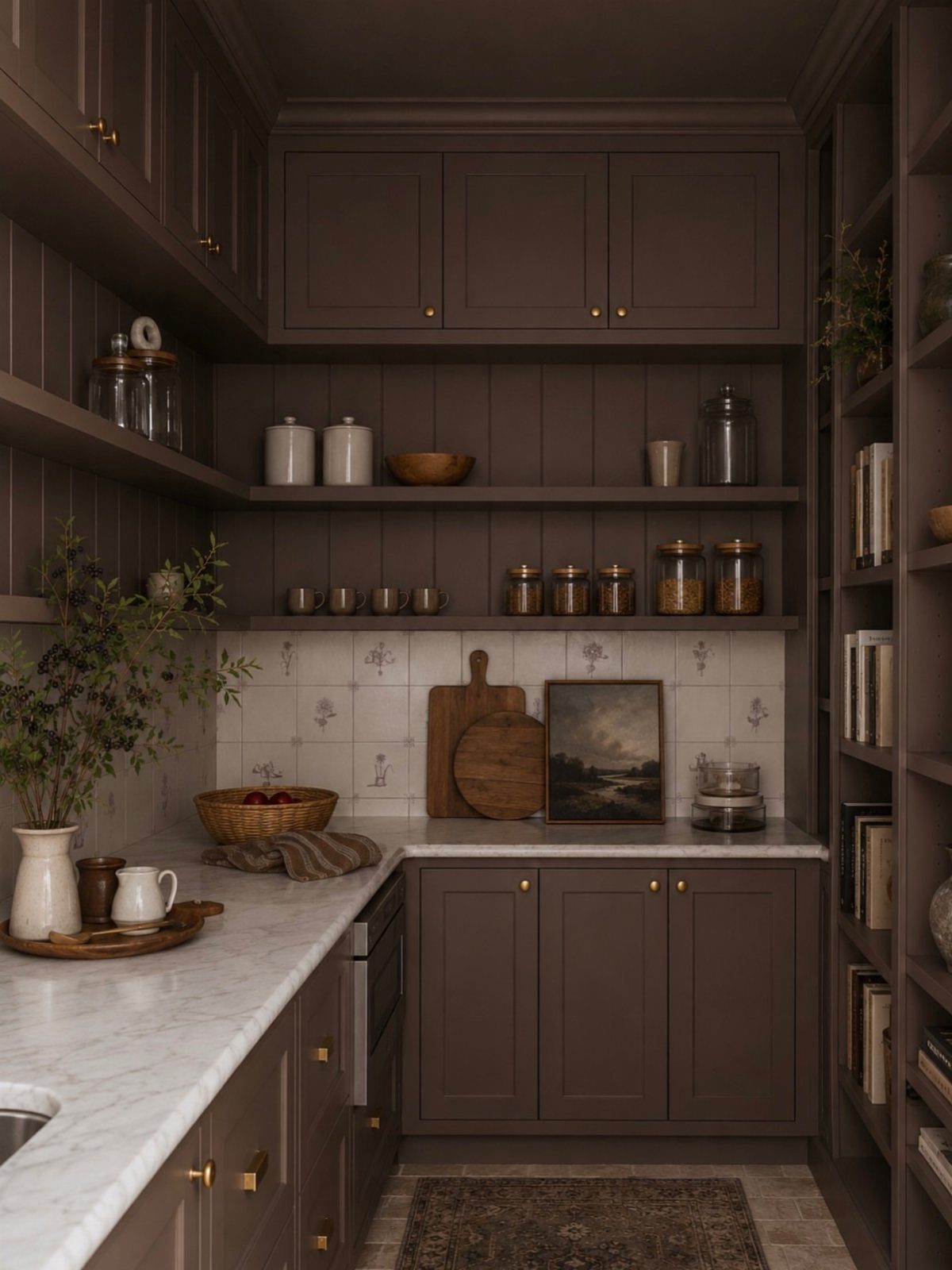 Dark brown kitchen cabinets with white marble countertops and open shelving.