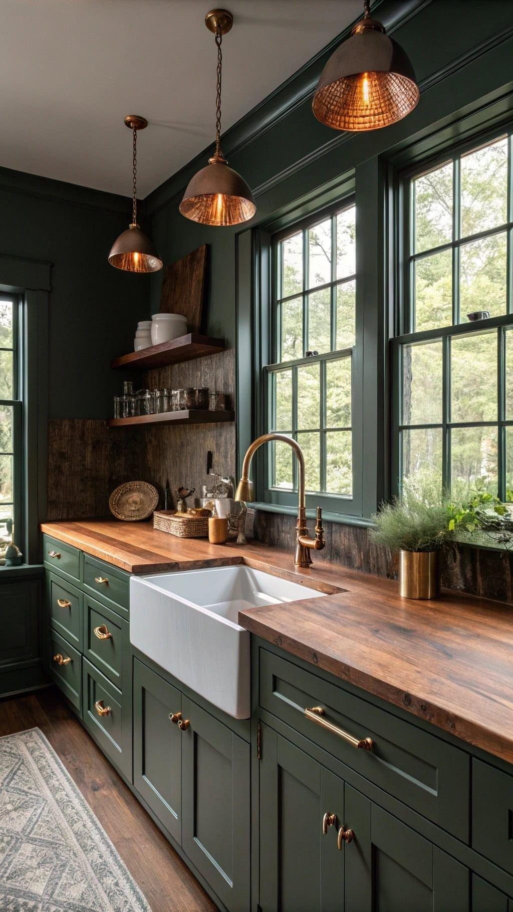 Dark green kitchen cabinets with brass hardware and a natural wood countertop.