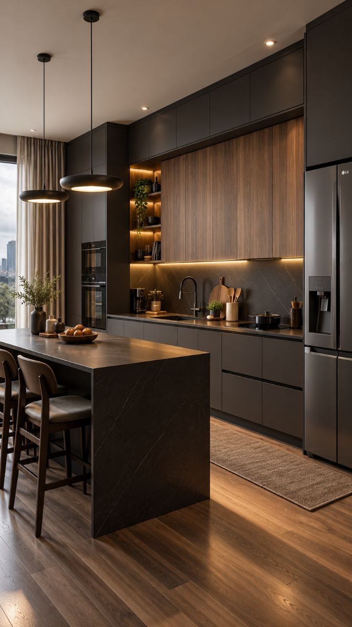 Modern dark neutral kitchen with charcoal cabinets, wood accents, and a black island.