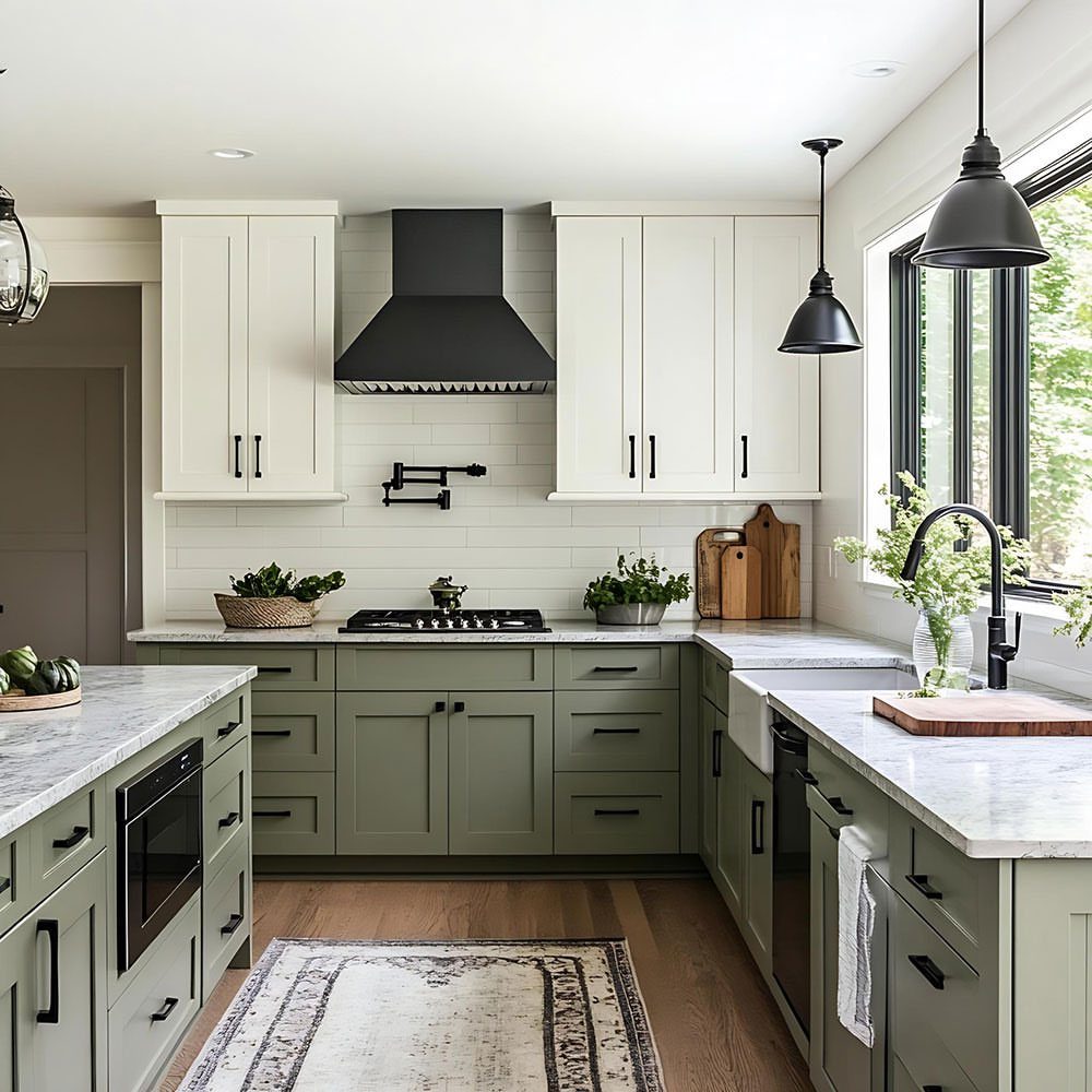 Olive green lower cabinets contrasted with white upper cabinets in a modern kitchen.