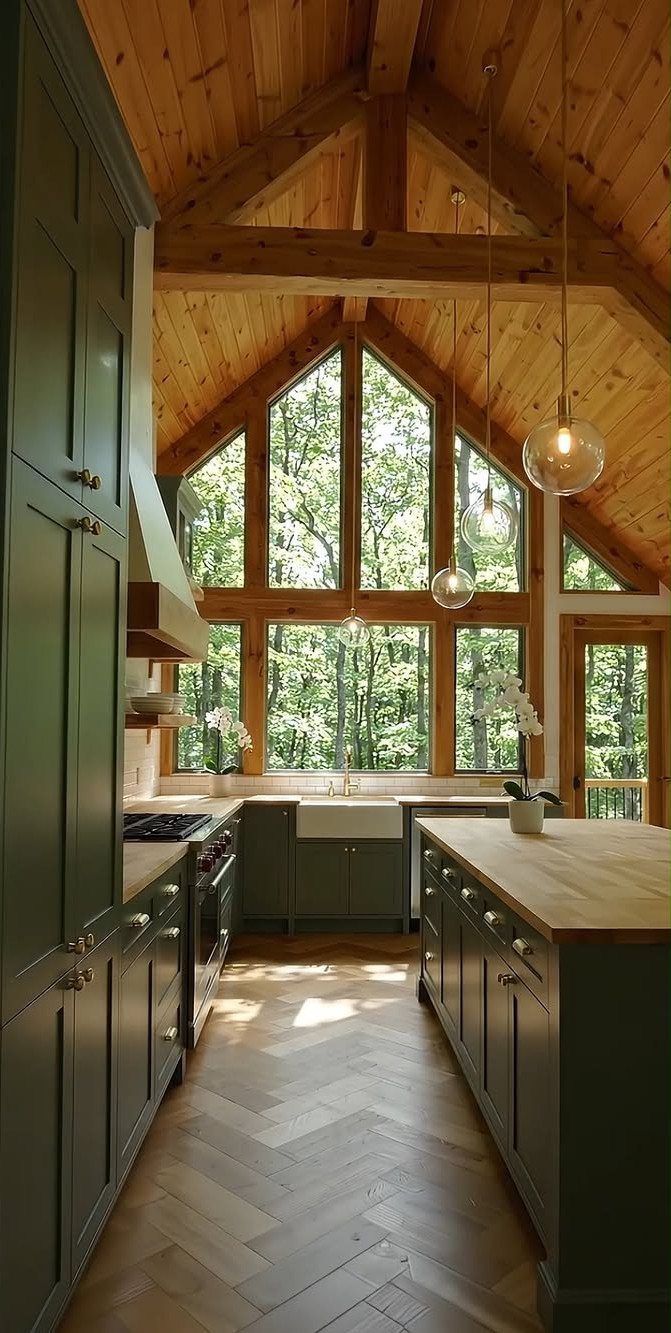 Dark grey-green kitchen cabinets with light wood countertops and a large forest view window.