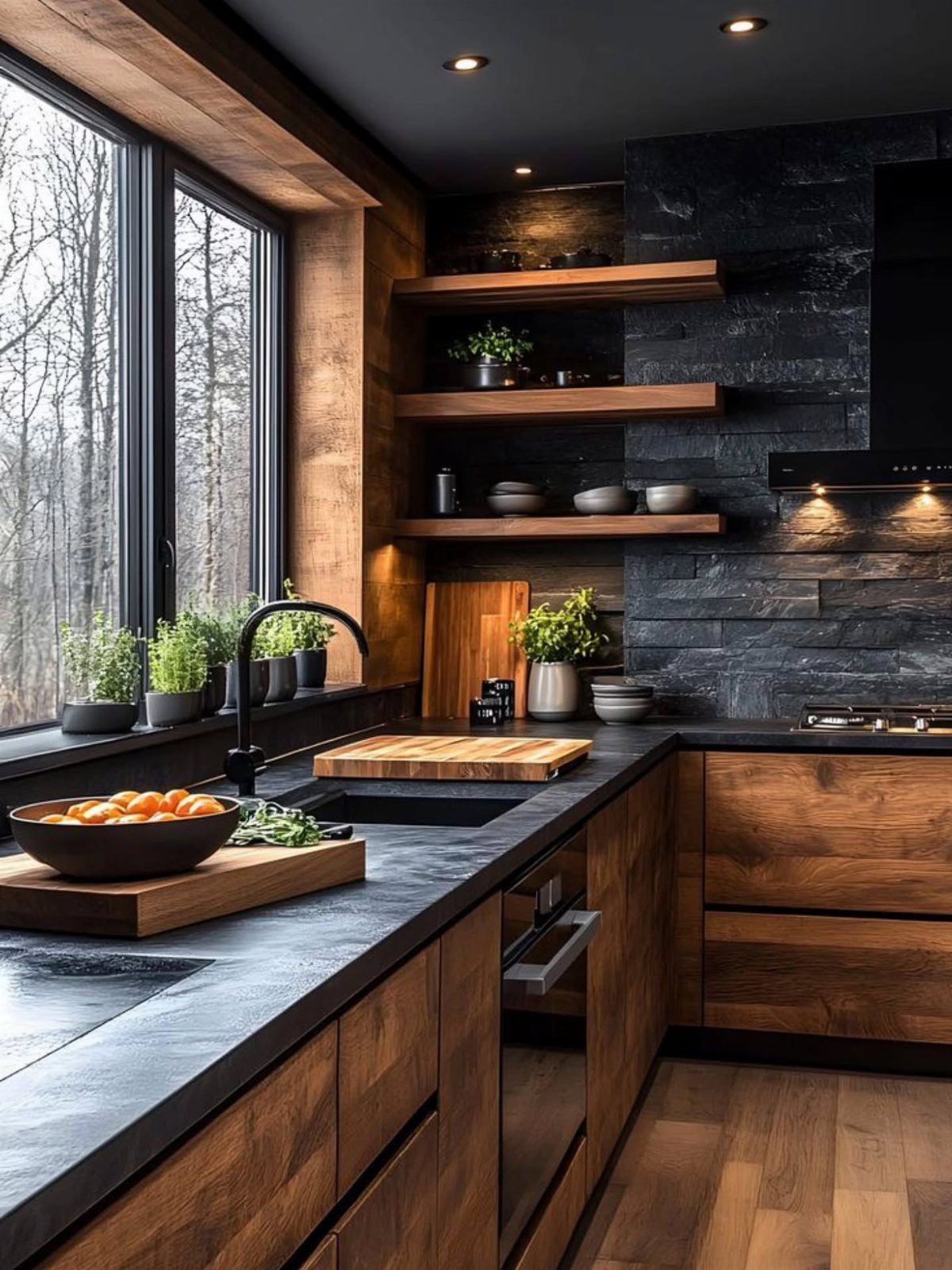 Modern kitchen with dark wood cabinets, black stone countertops, and a black stone backsplash.
