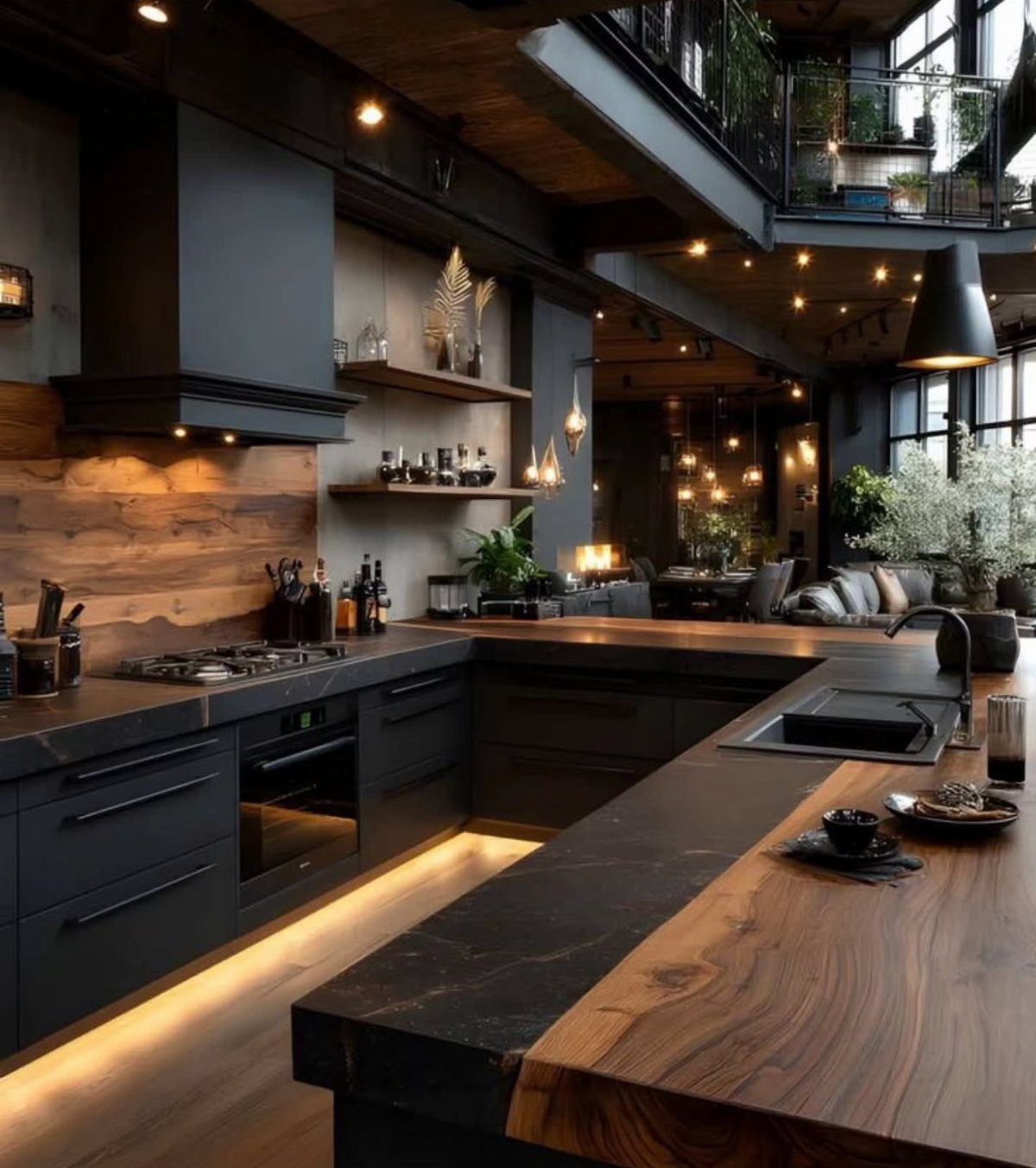 Modern dark kitchen featuring layered LED under-cabinet lighting and industrial ceiling track lights.
