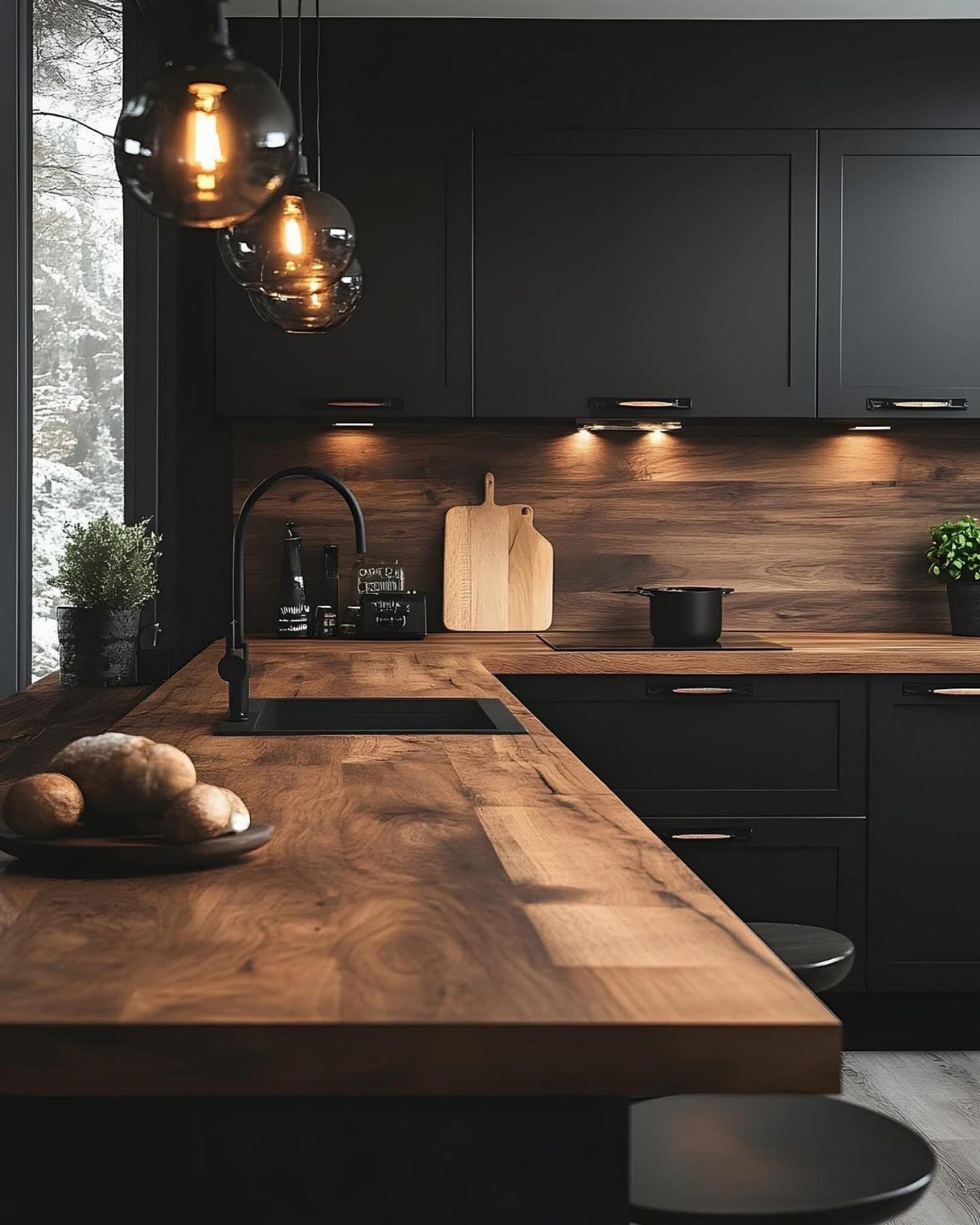 Off-black kitchen cabinets with thick natural wood countertops and warm pendant lighting.