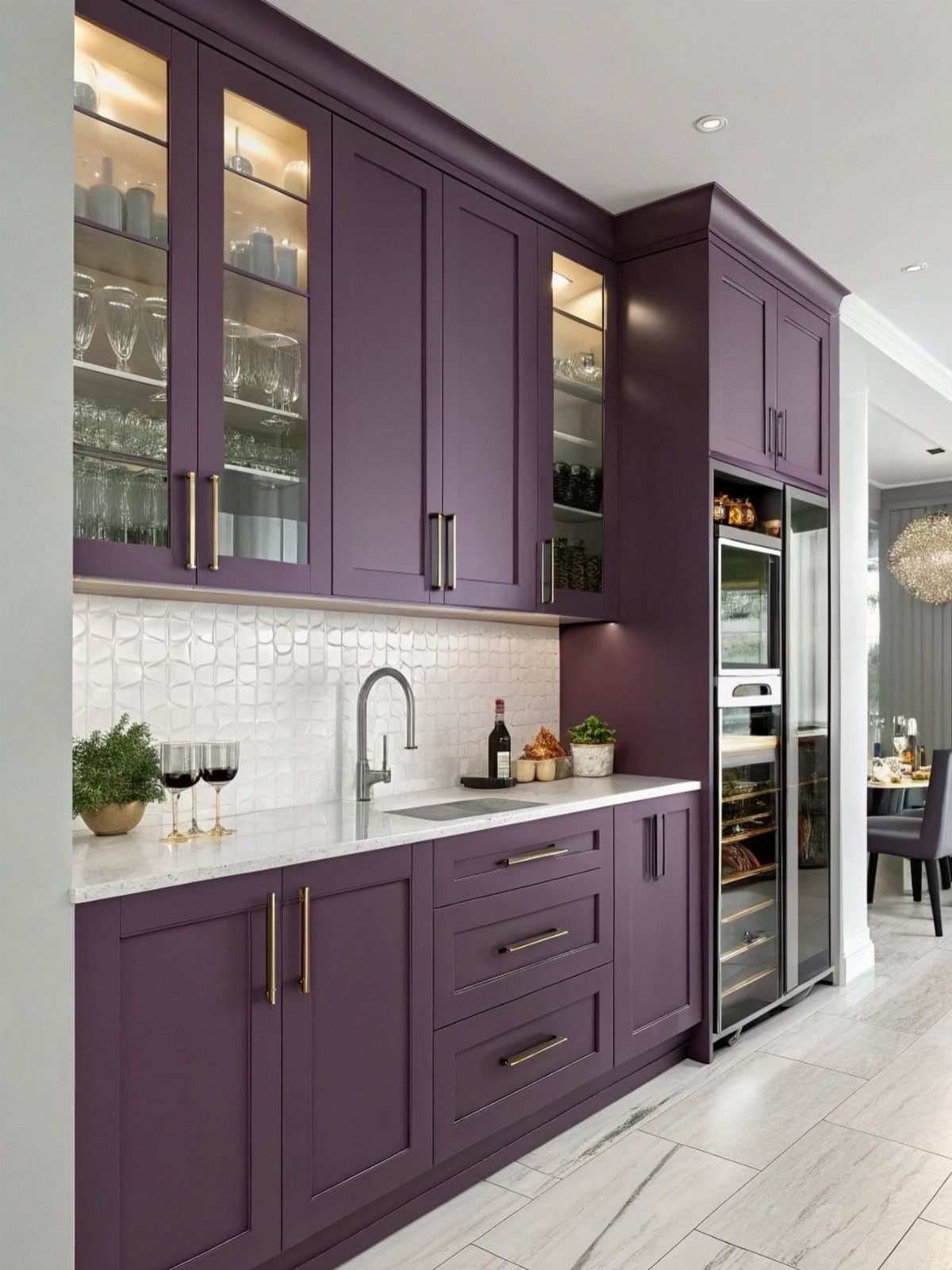 Plum-colored kitchen cabinets with brass hardware and white marble countertops.