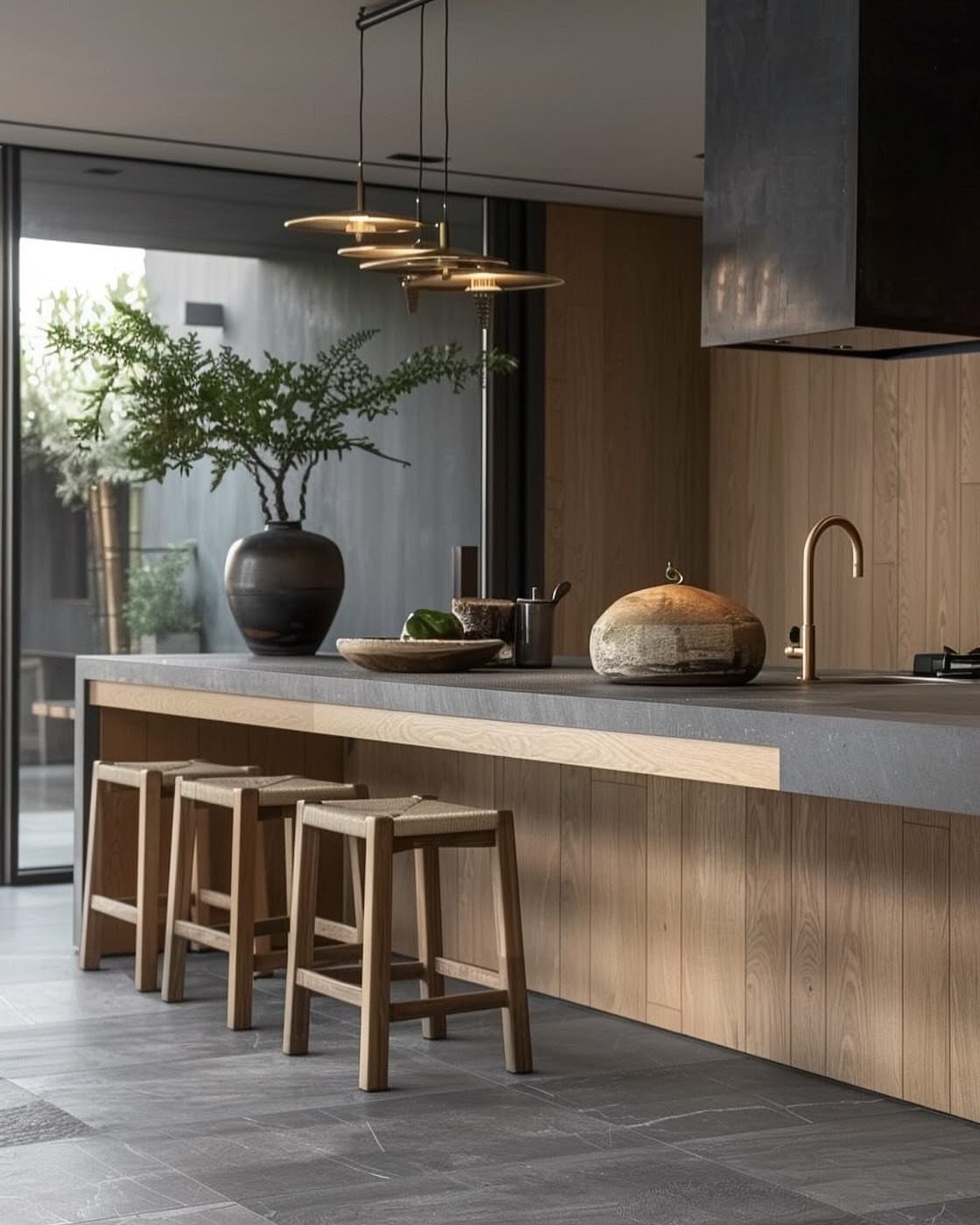 Modern kitchen with light wood island, gray stone countertop, and wooden stools.