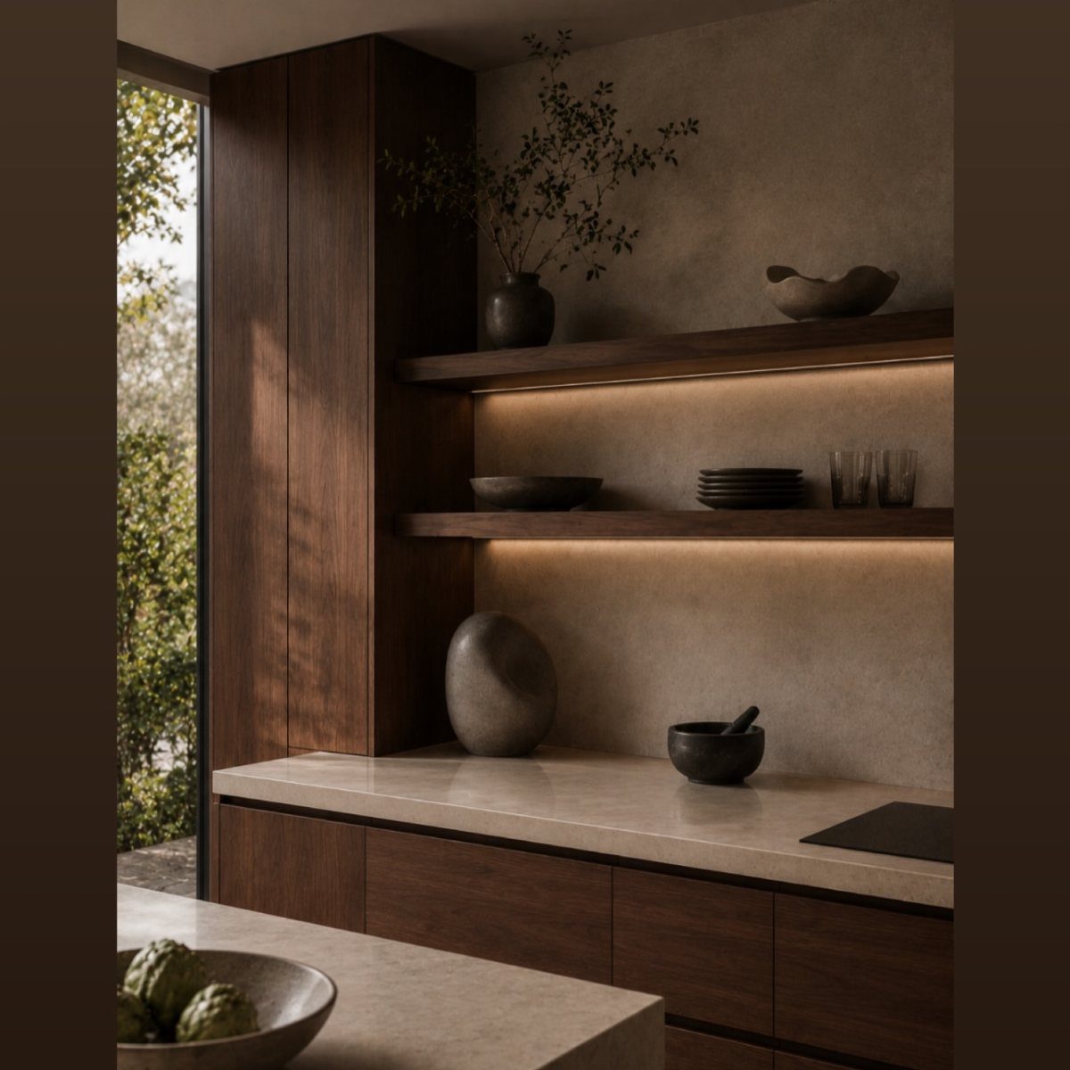 Modern kitchen with dark wood cabinets, beige countertops, and warm neutral taupe walls.