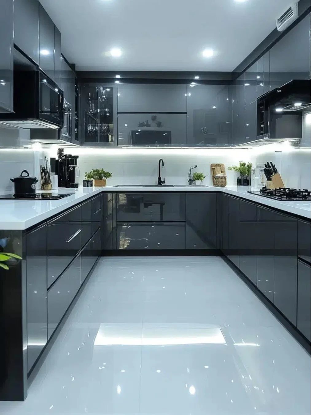 Modern kitchen with dark gray glossy cabinets and a white glossy tile backsplash.
