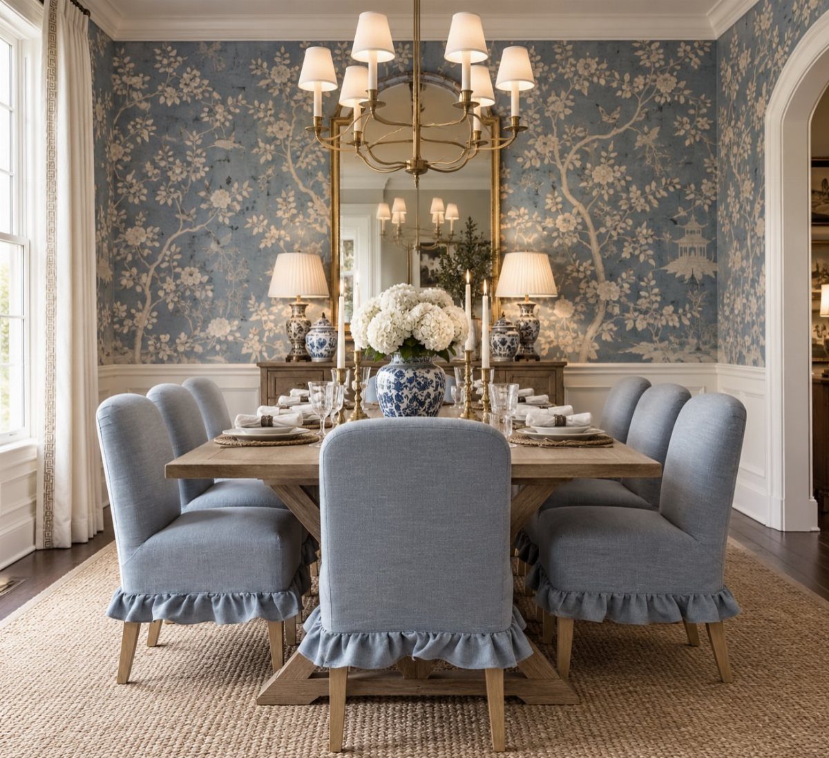 Dining room with blue floral wallpaper, blue upholstered chairs, and blue and white ceramics.
