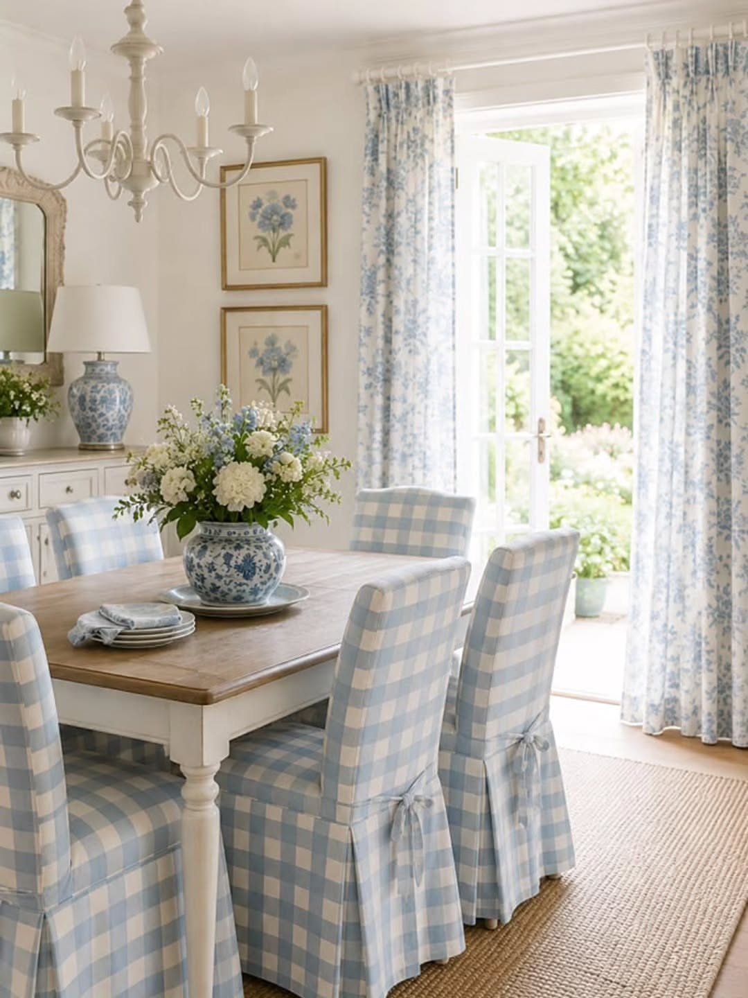 Dining room with blue checkered chair covers and floral curtains in a bright cottage.