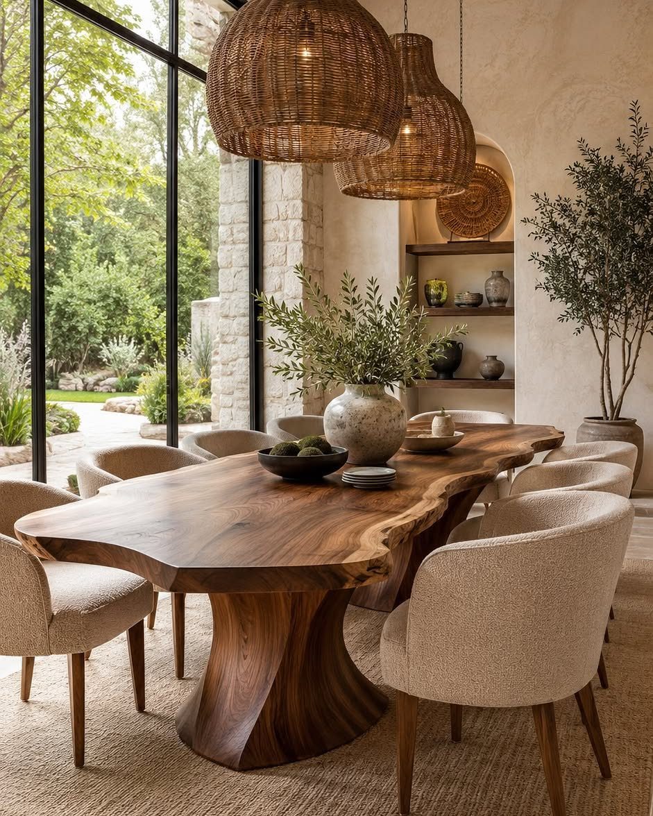 Live-edge wooden dining table with woven rattan pendant lights and beige upholstered chairs.