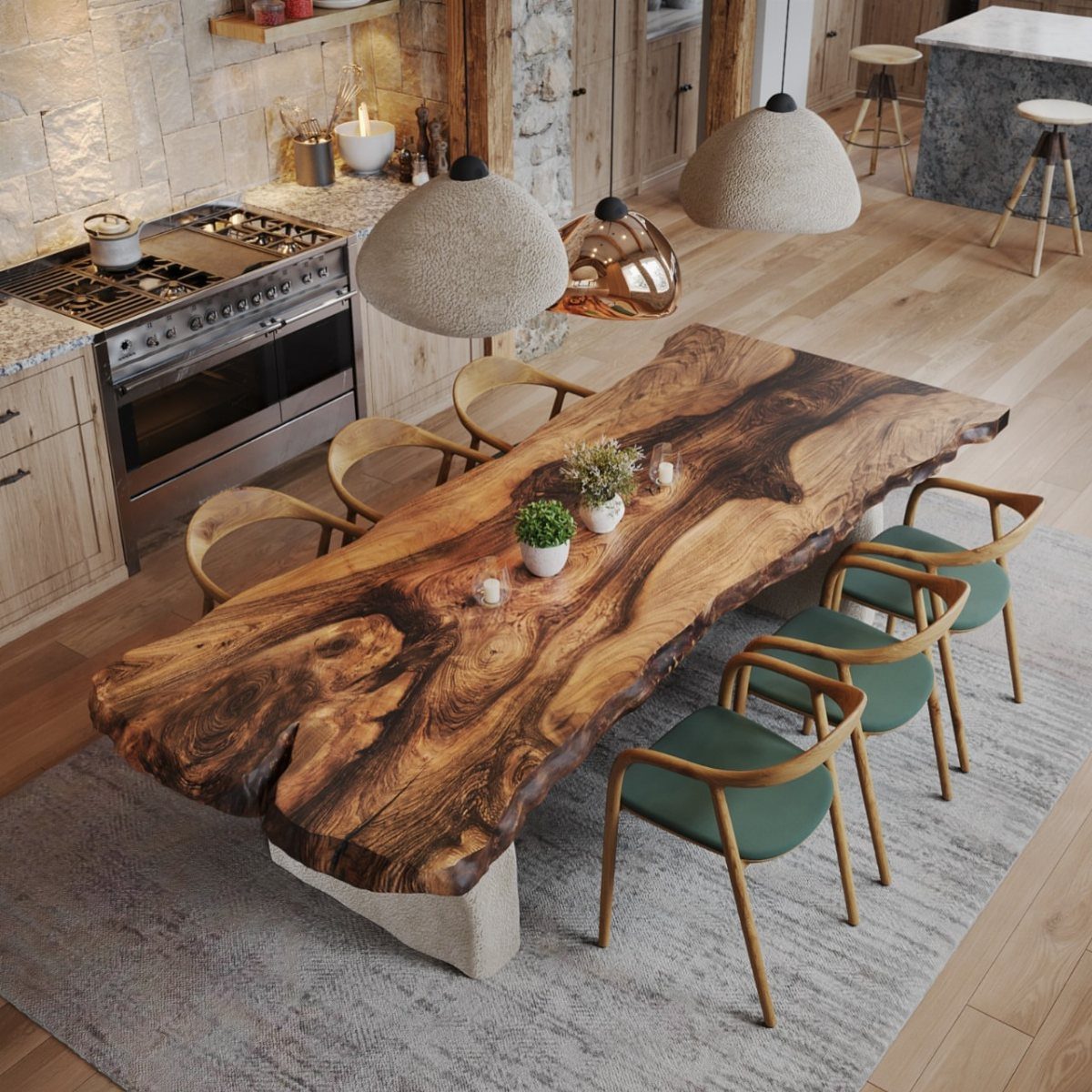 Live-edge natural wood dining table with green cushioned chairs in a rustic kitchen.