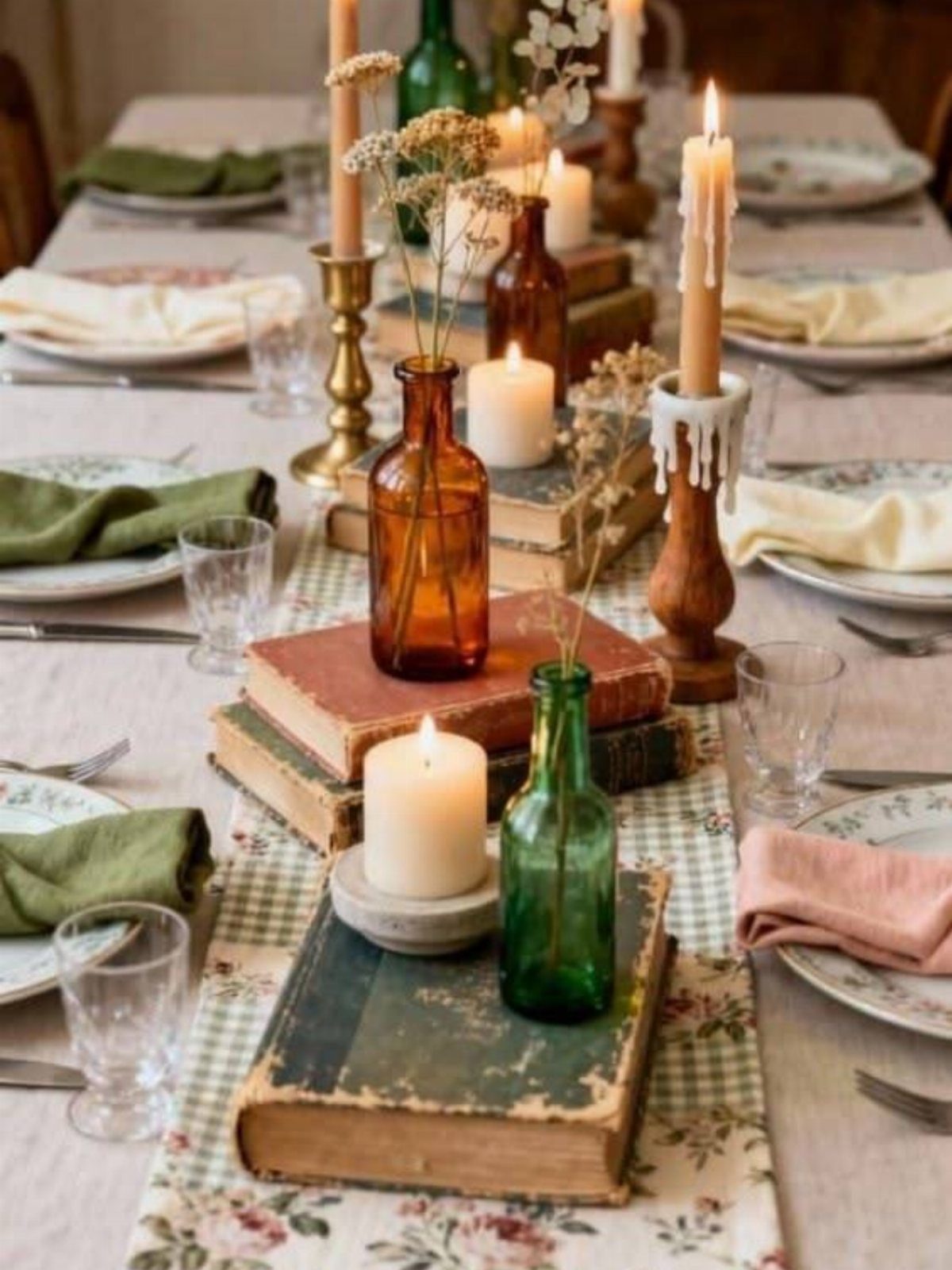Old hardcover books used as centerpieces with candles and small floral bottles on a table.