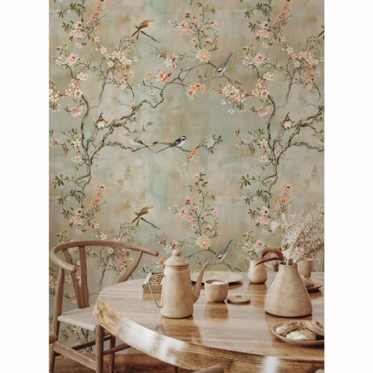 Patterned wallpaper with flowering branches and birds behind a round wooden dining table.