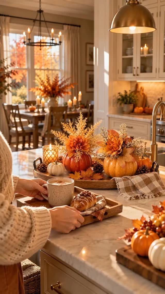 Autumnal table display with pumpkins, orange flowers, and candles in a cozy cottage kitchen.