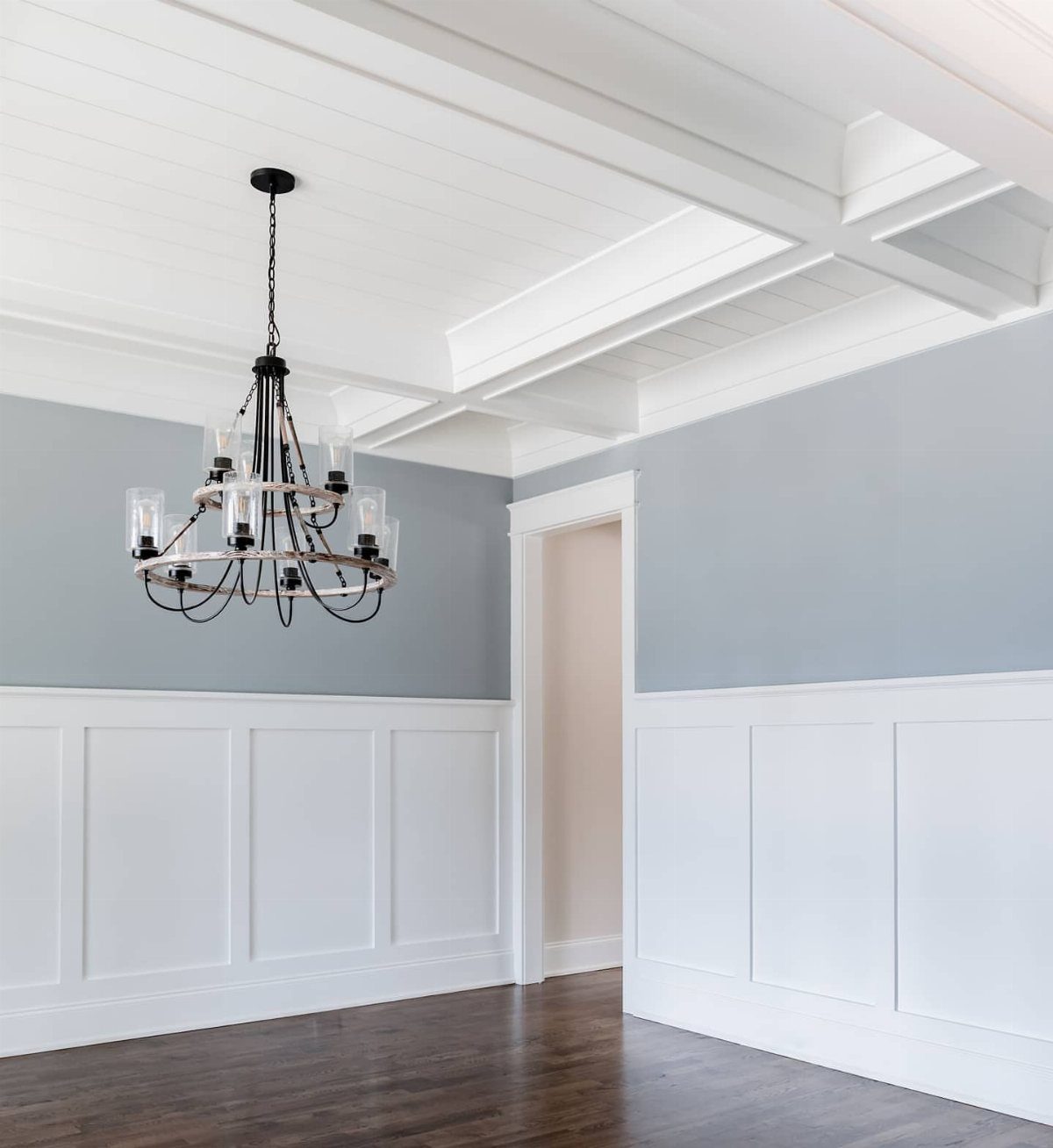 White wainscoting paneling on light blue walls in a room with coffered ceilings.